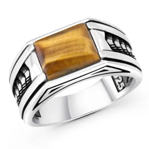 Arrow Pattern Sterling Silver Ring for Men Tiger Eye Stone