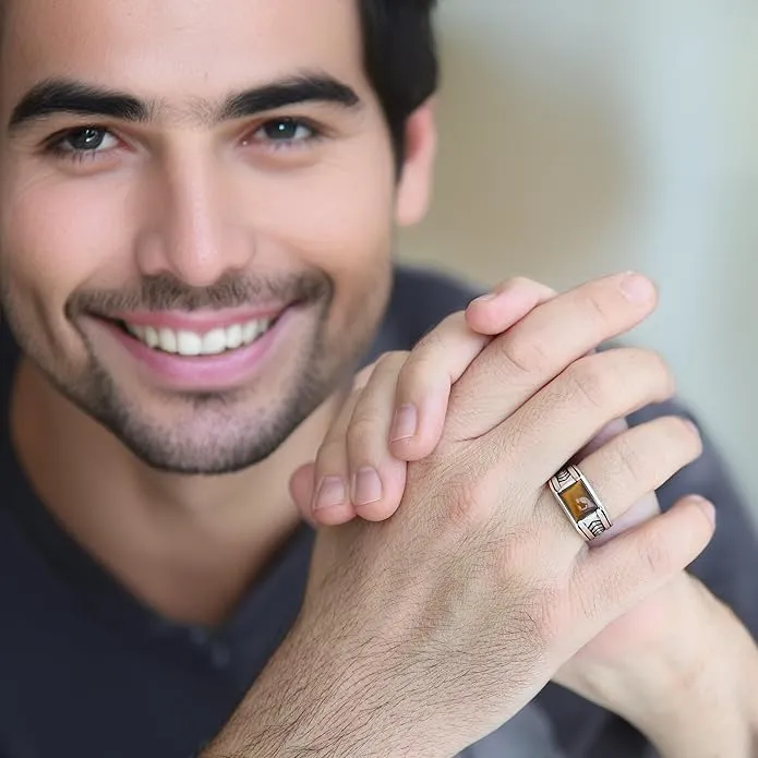 Arrow Pattern Sterling Silver Ring for Men Tiger Eye Stone