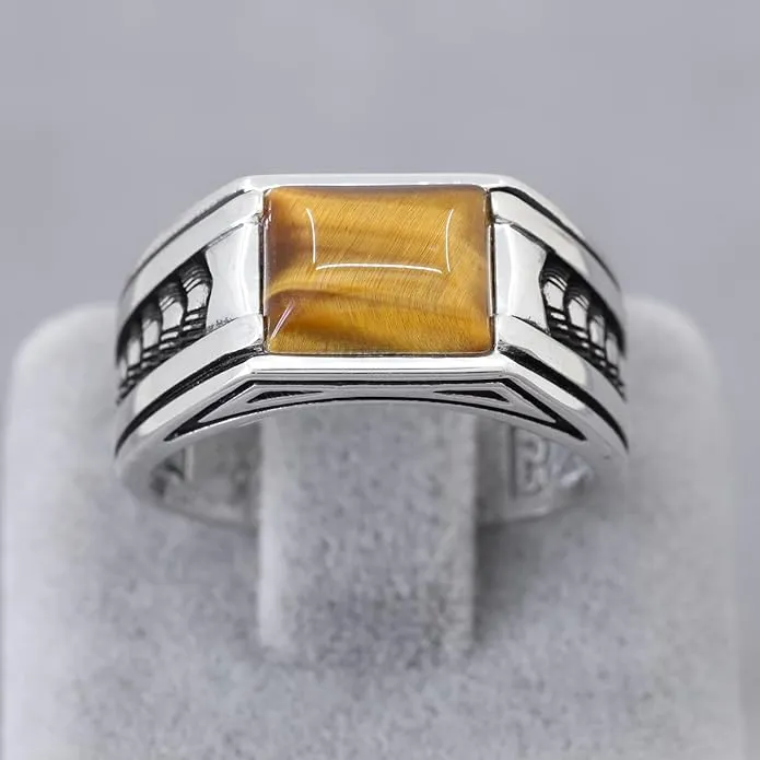 Arrow Pattern Sterling Silver Ring for Men Tiger Eye Stone