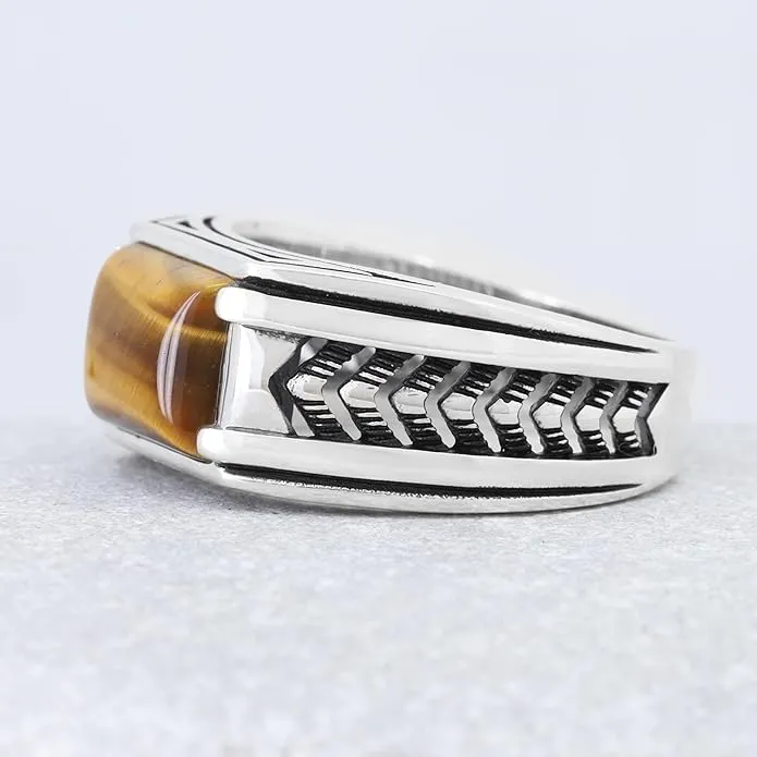 Arrow Pattern Sterling Silver Ring for Men Tiger Eye Stone