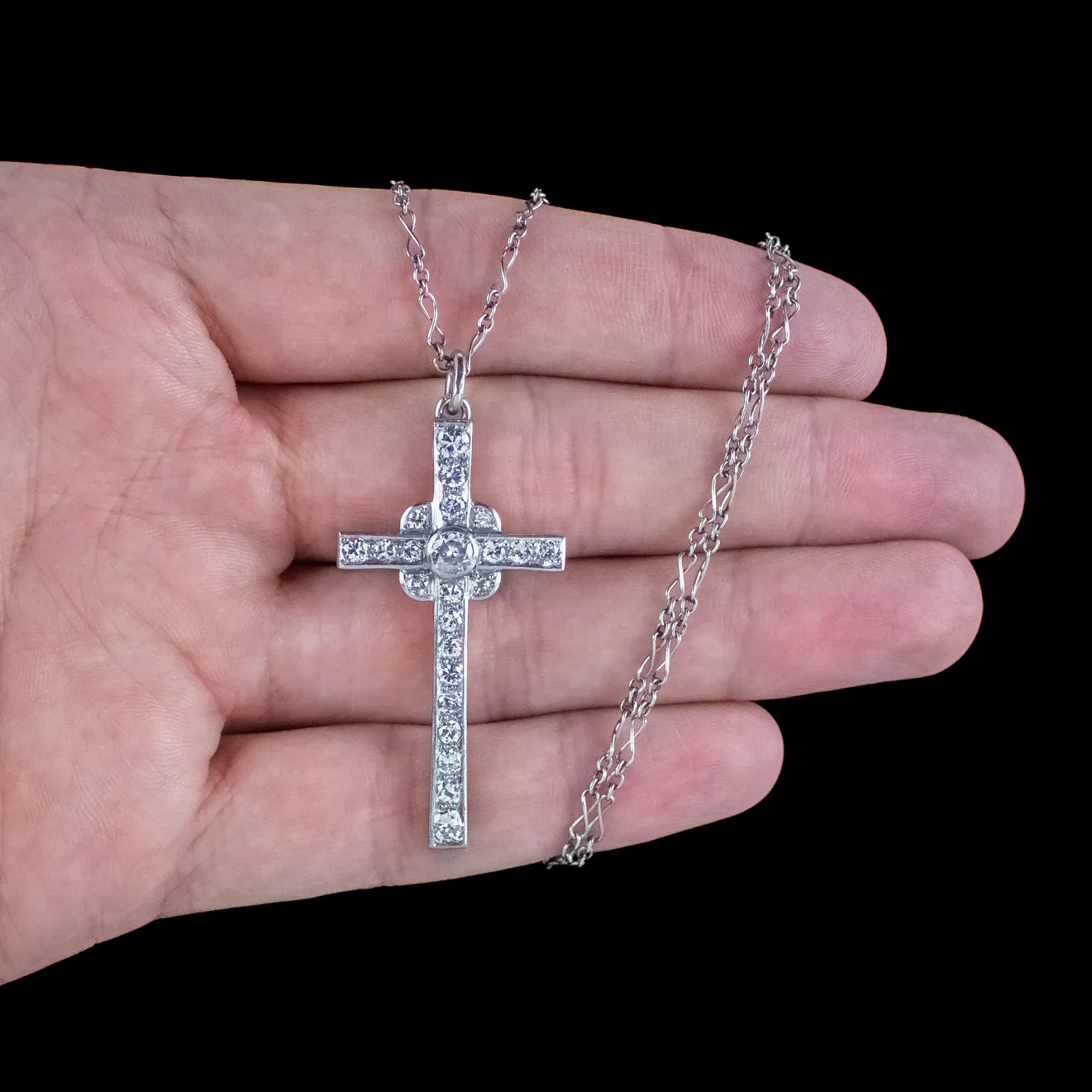 Art Deco Diamond Cross Pendant Necklace 18ct Gold 1.8ct Total