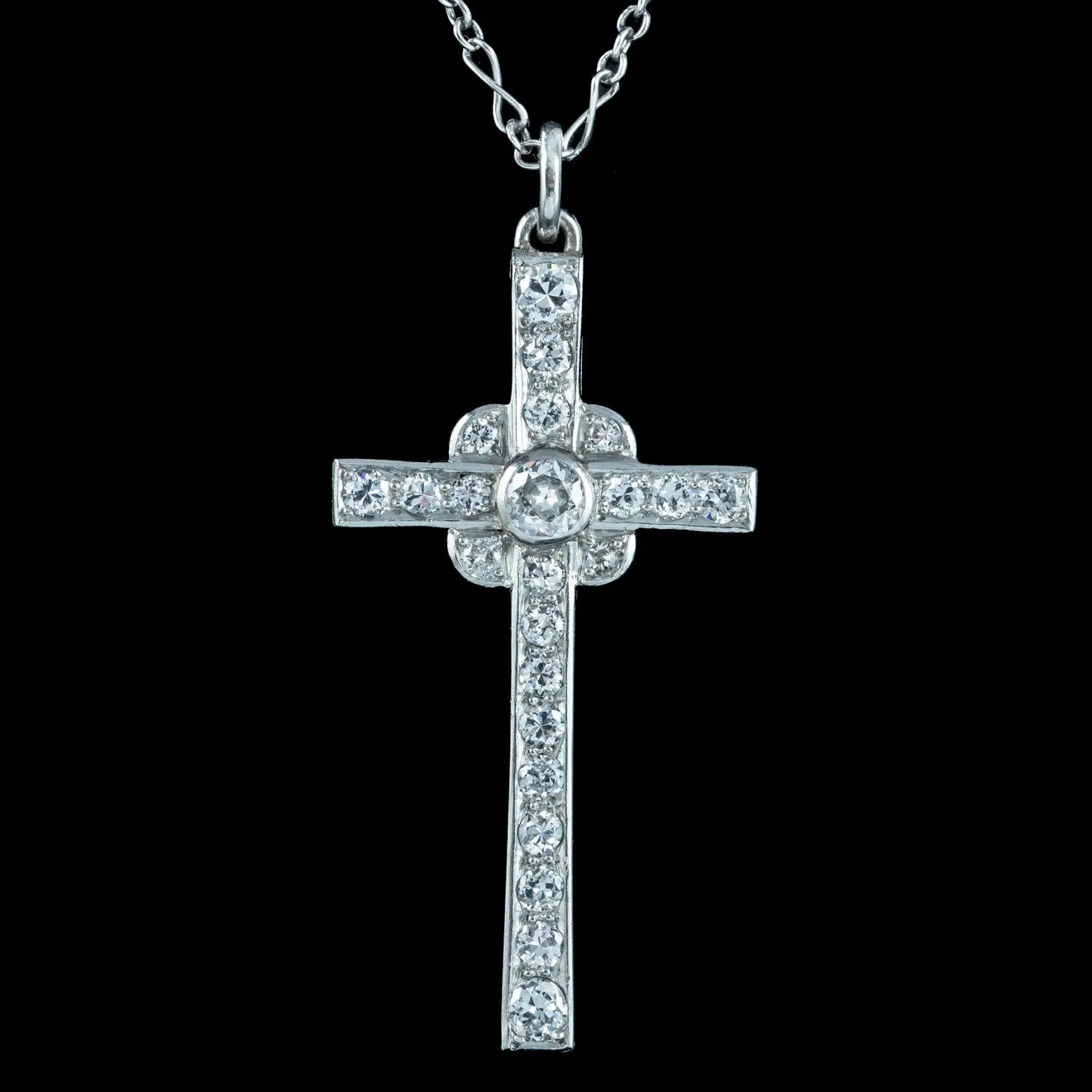 Art Deco Diamond Cross Pendant Necklace 18ct Gold 1.8ct Total