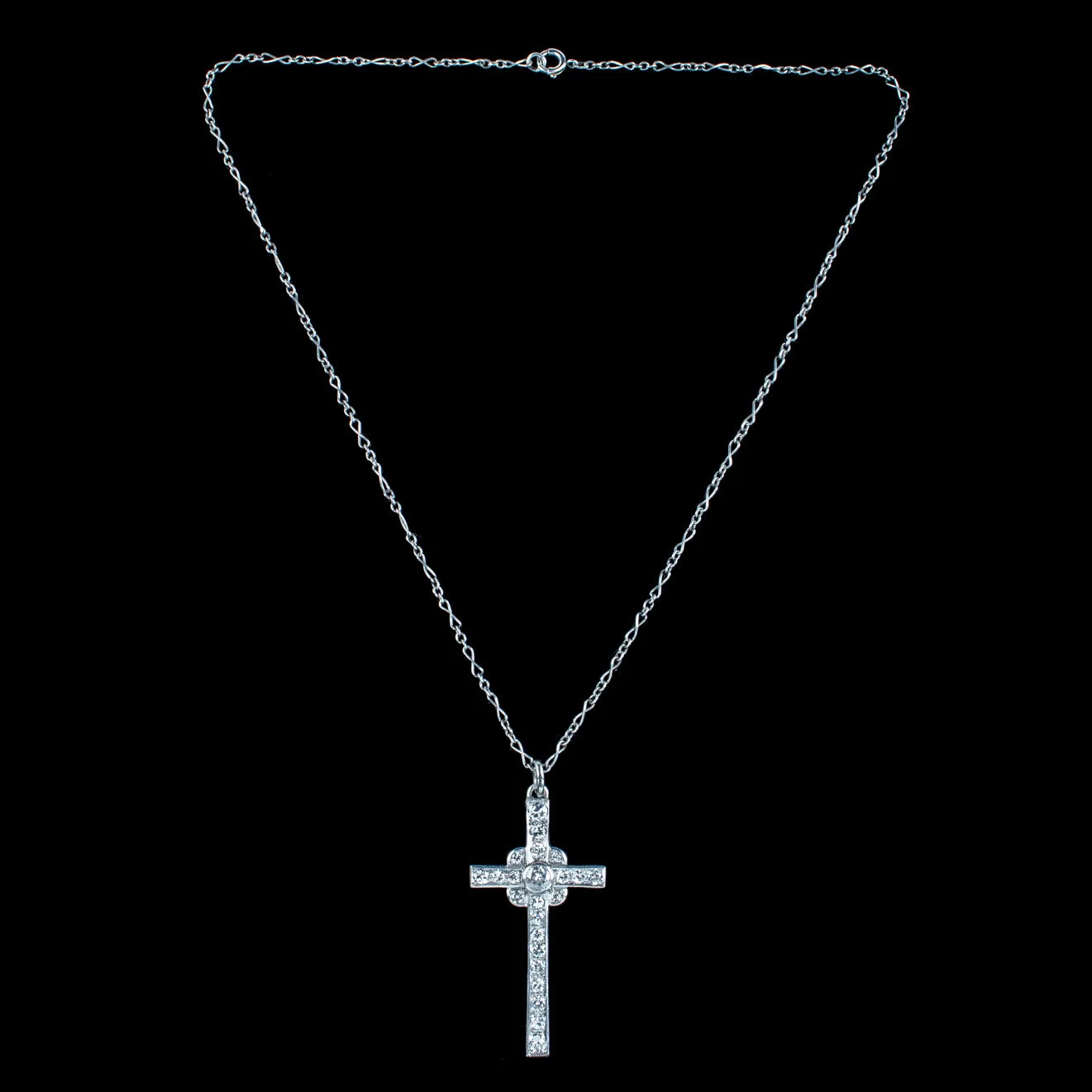 Art Deco Diamond Cross Pendant Necklace 18ct Gold 1.8ct Total