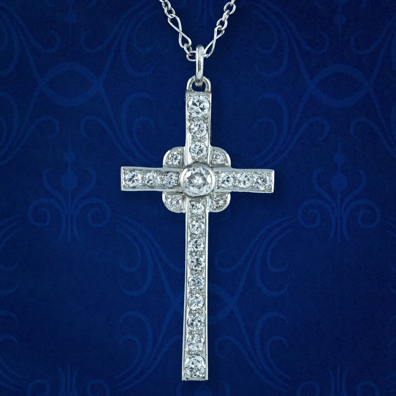 Art Deco Diamond Cross Pendant Necklace 18ct Gold 1.8ct Total