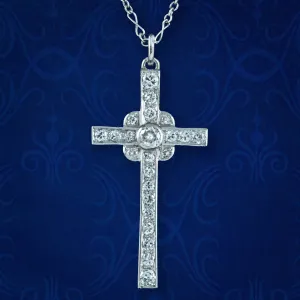 Art Deco Diamond Cross Pendant Necklace 18ct Gold 1.8ct Total