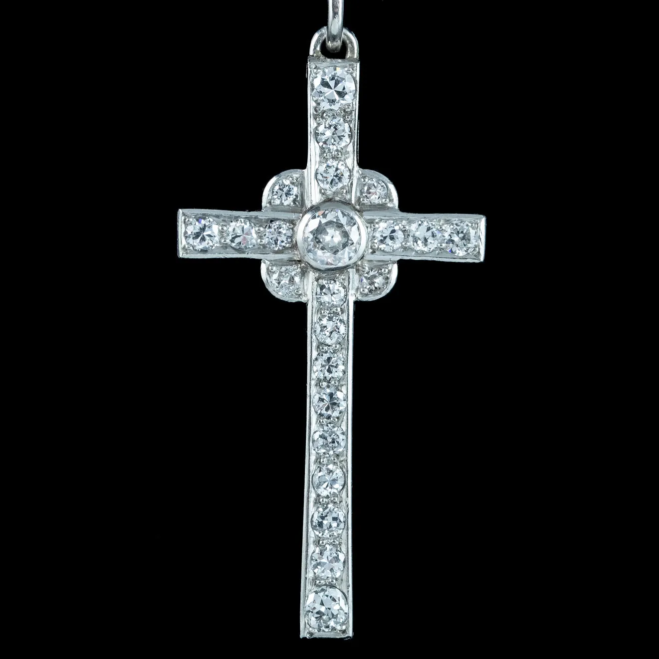 Art Deco Diamond Cross Pendant Necklace 18ct Gold 1.8ct Total
