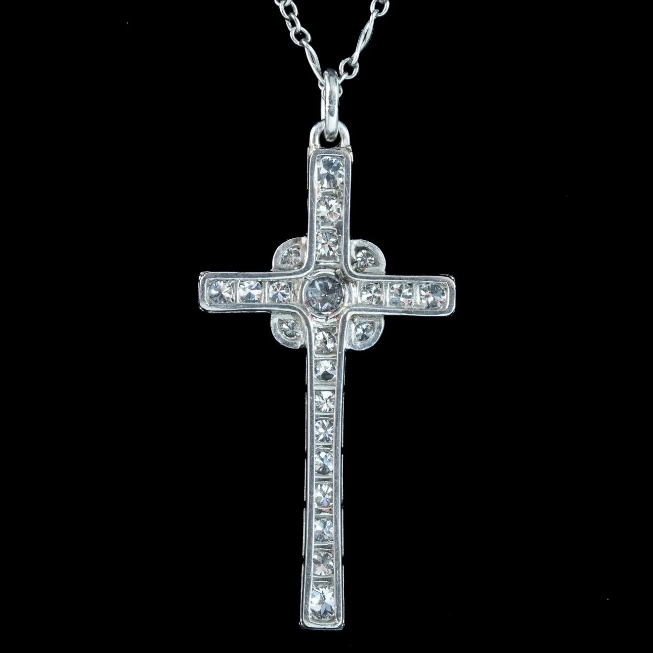 Art Deco Diamond Cross Pendant Necklace 18ct Gold 1.8ct Total