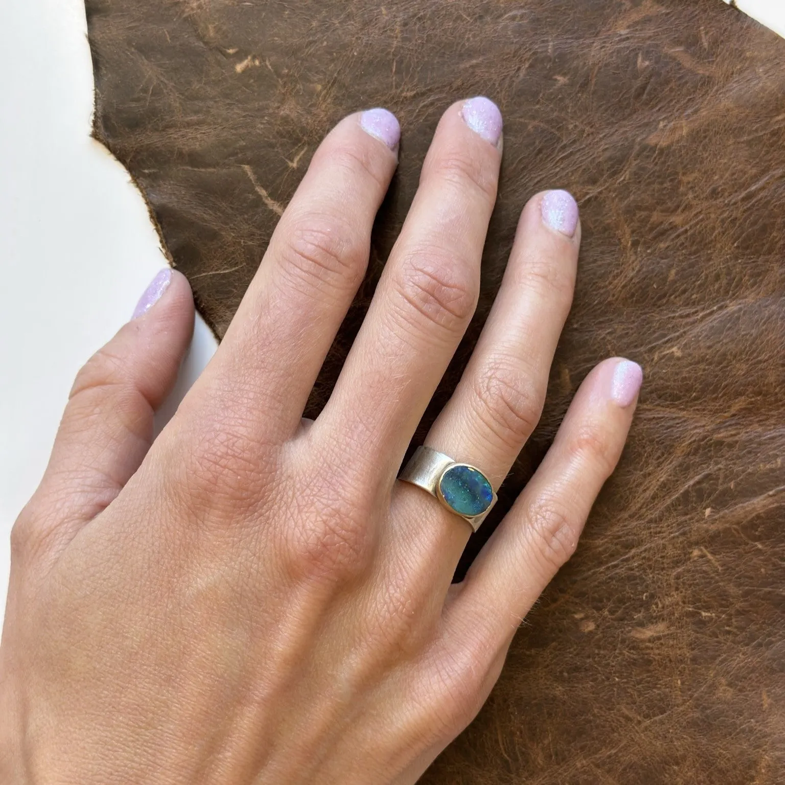 Australian Opal Oval Ring with 14k Gold Bezel on Wide Hammered Band