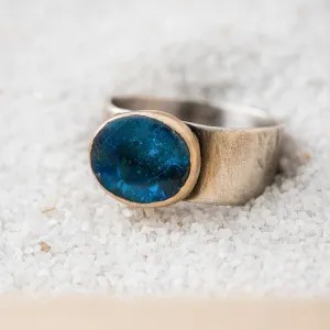 Australian Opal Oval Ring with 14k Gold Bezel on Wide Hammered Band
