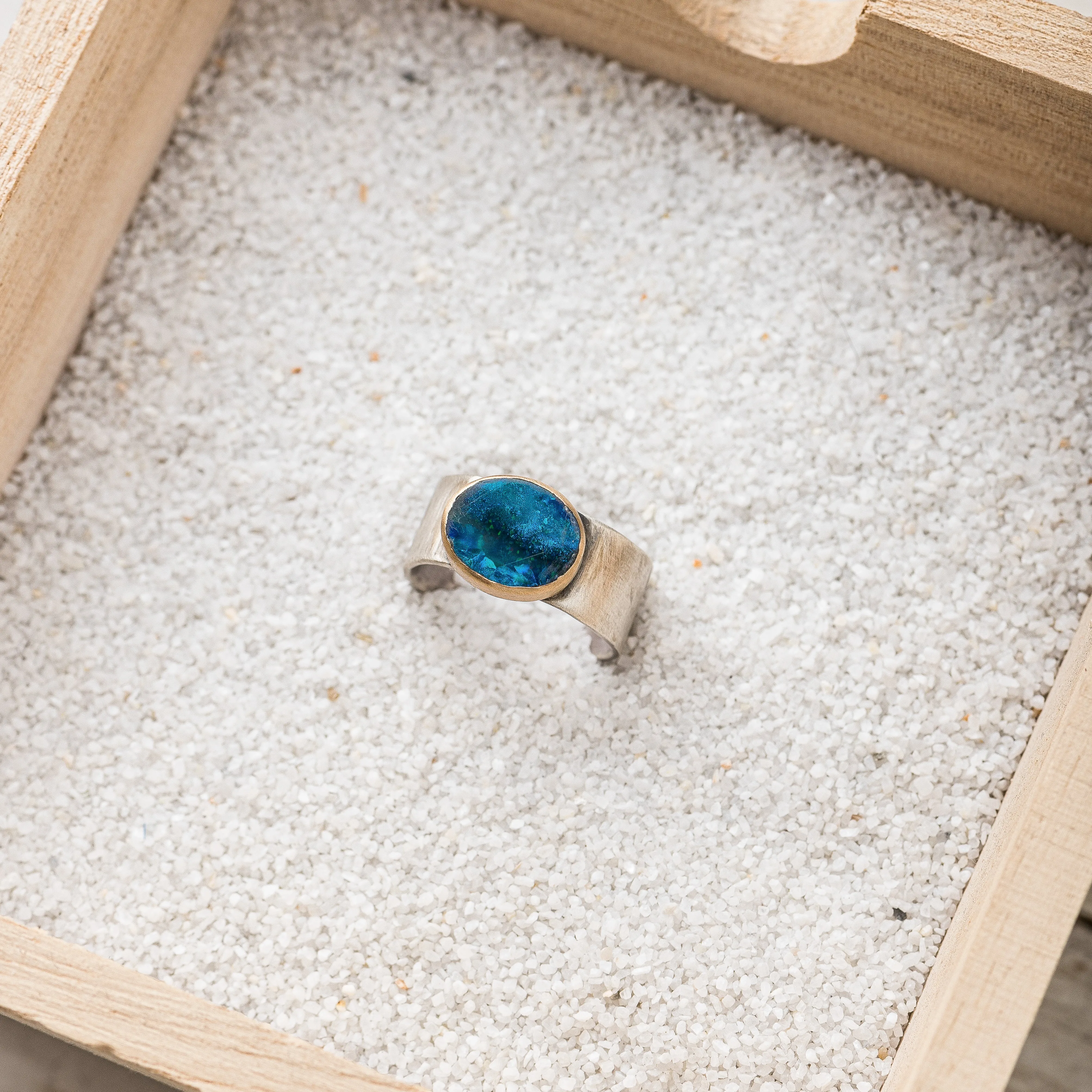 Australian Opal Oval Ring with 14k Gold Bezel on Wide Hammered Band
