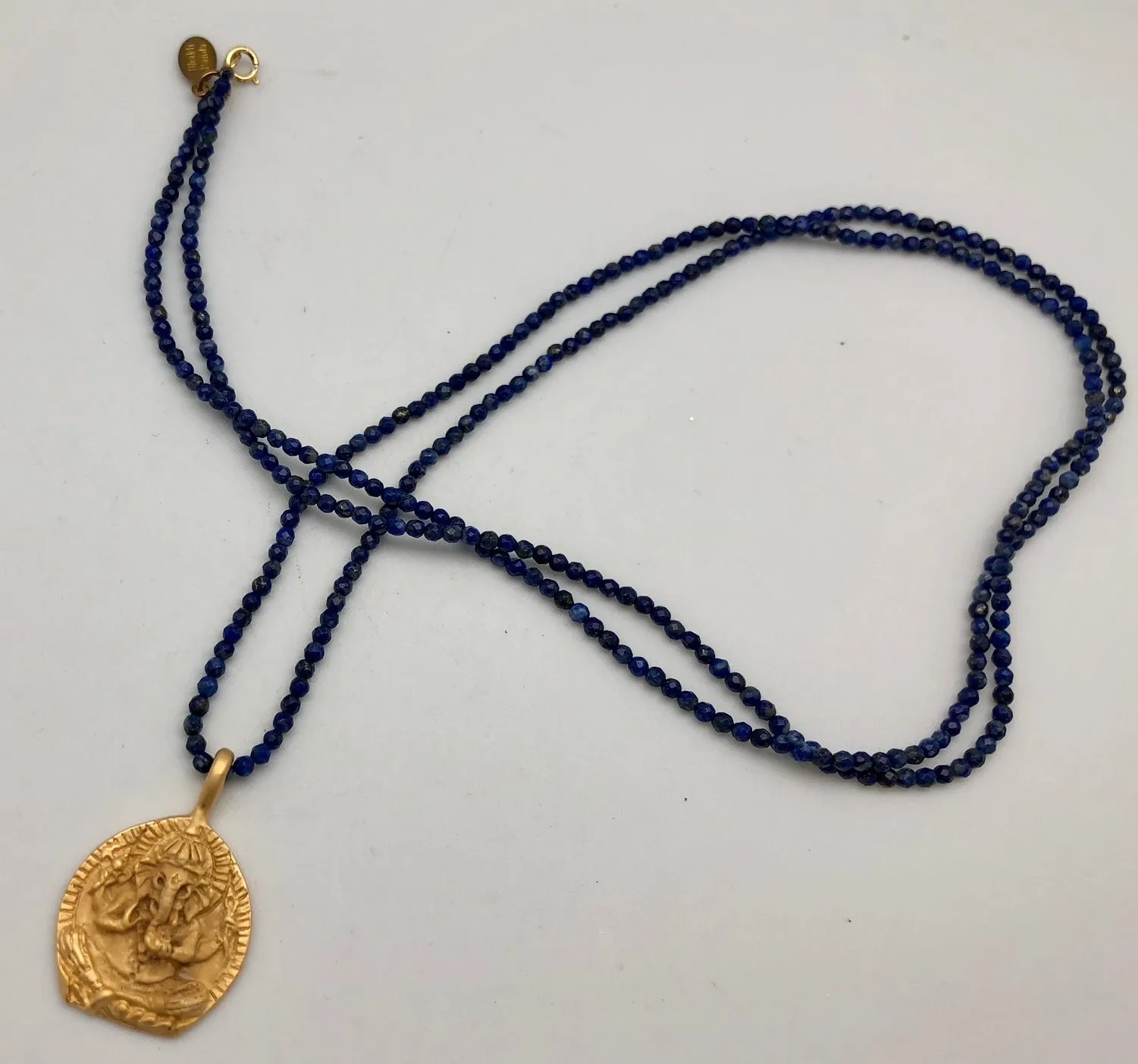 Bhakti Panda Blissful Beginnings Gold Ganesh Pendant on Lapis Necklace