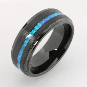 Black Tungsten Opal Inlaid Flat Brushed Wedding Ring 8mm