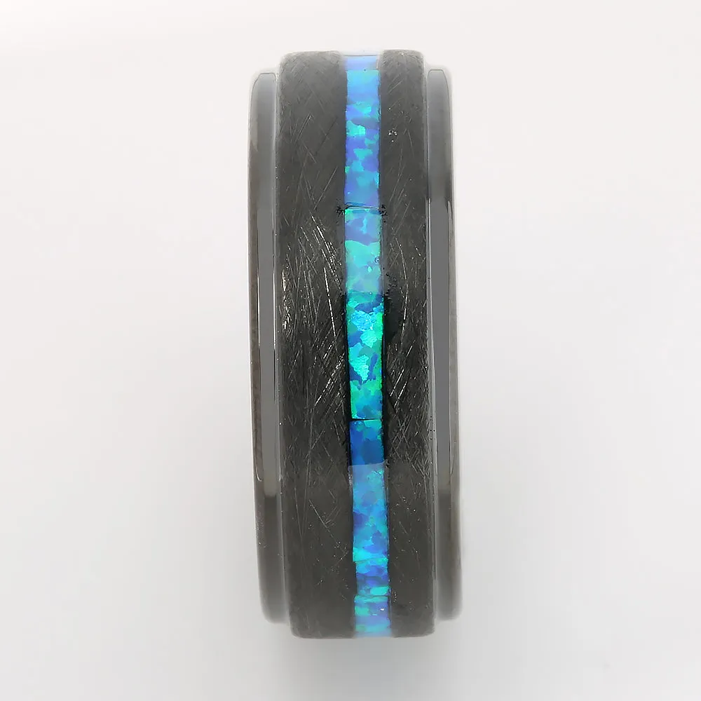 Black Tungsten Opal Inlaid Flat Brushed Wedding Ring 8mm