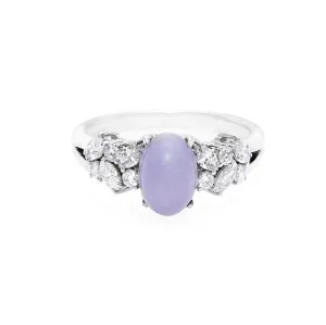 Certified Oval Cut Purple Natural Jade and Diamond Ring in White Gold