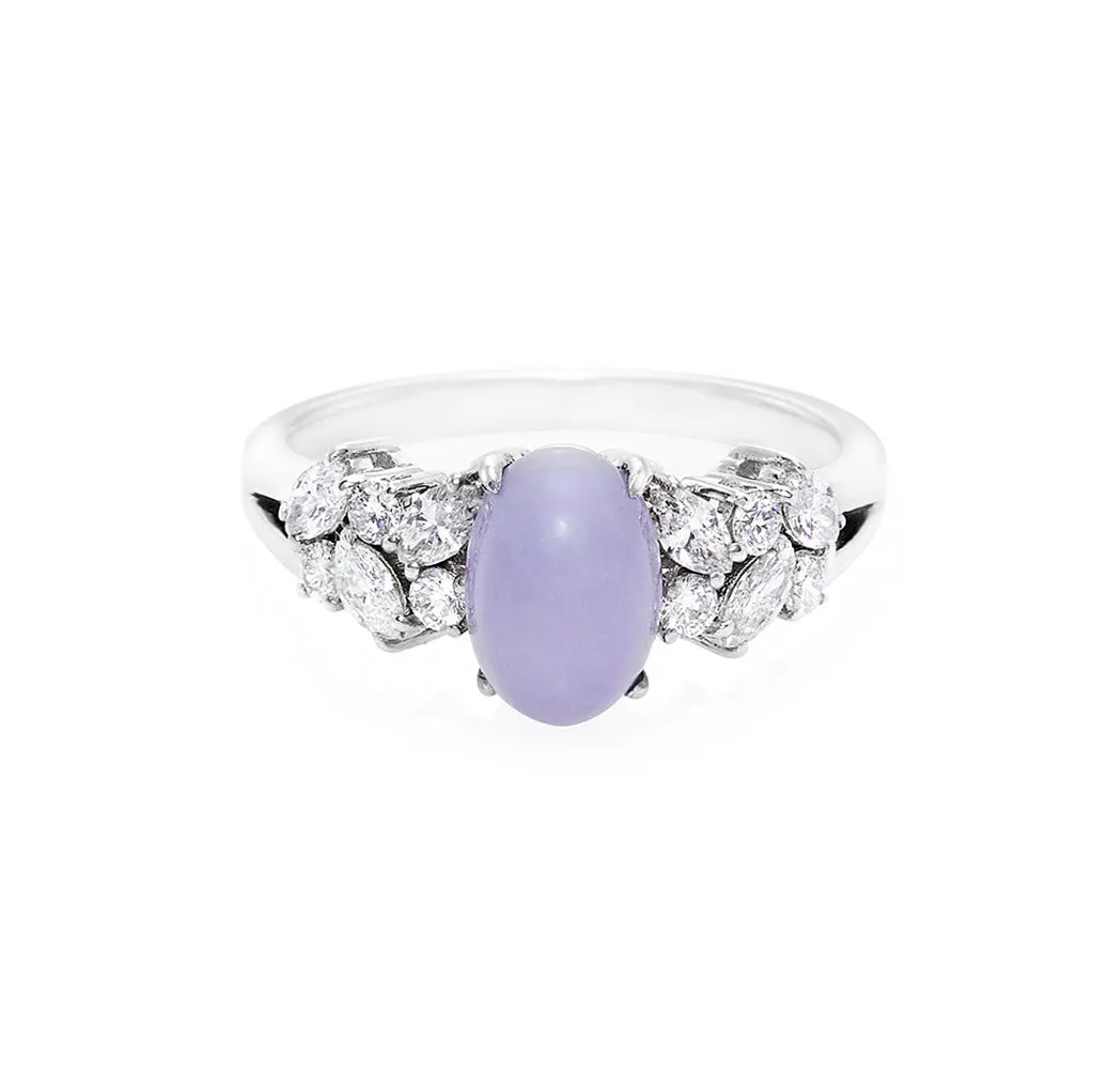 Certified Oval Cut Purple Natural Jade and Diamond Ring in White Gold