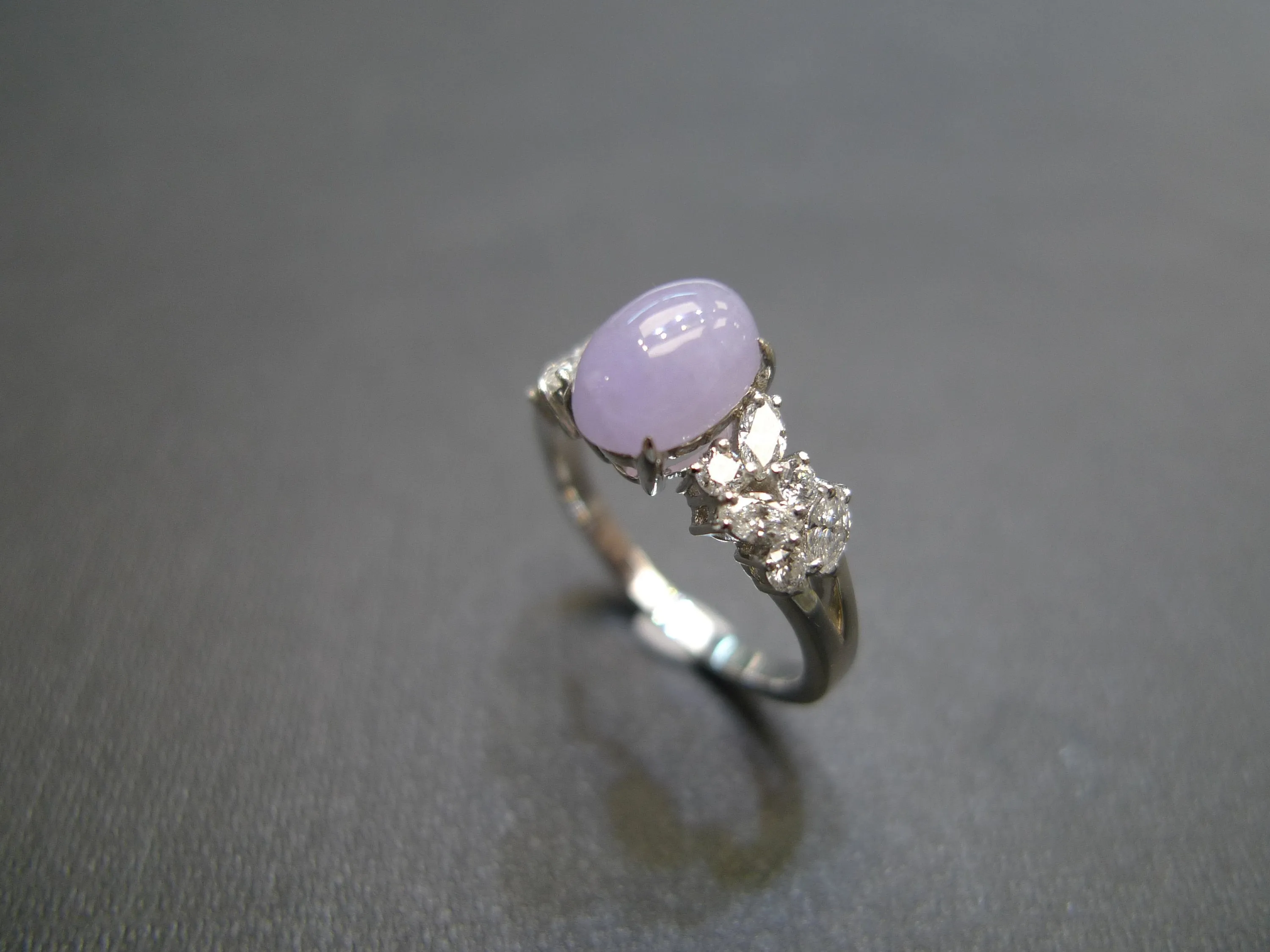 Certified Oval Cut Purple Natural Jade and Diamond Ring in White Gold