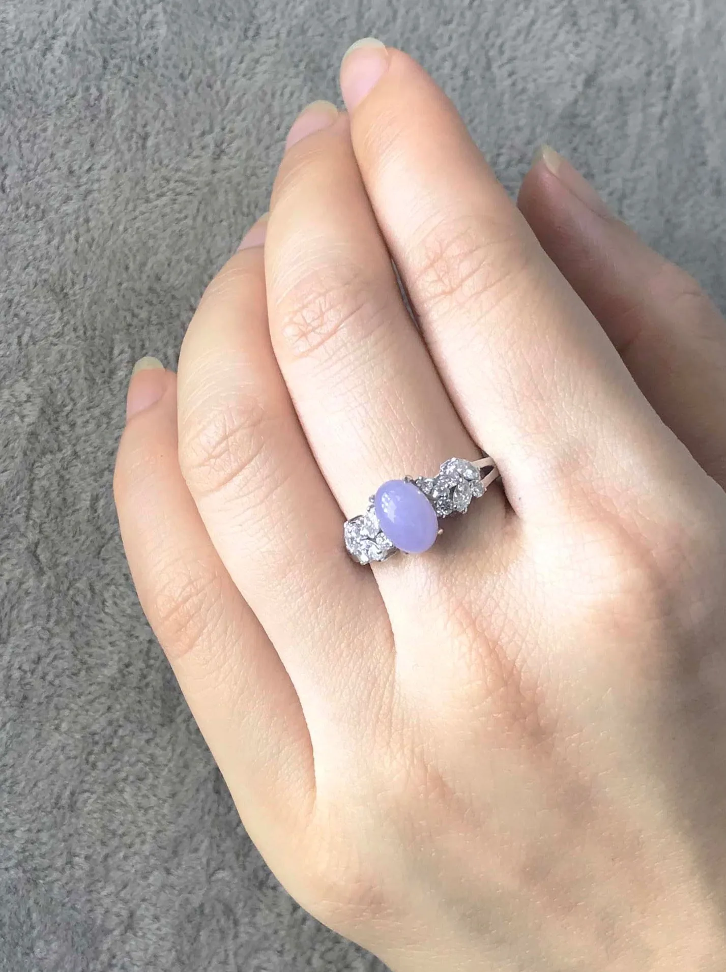 Certified Oval Cut Purple Natural Jade and Diamond Ring in White Gold