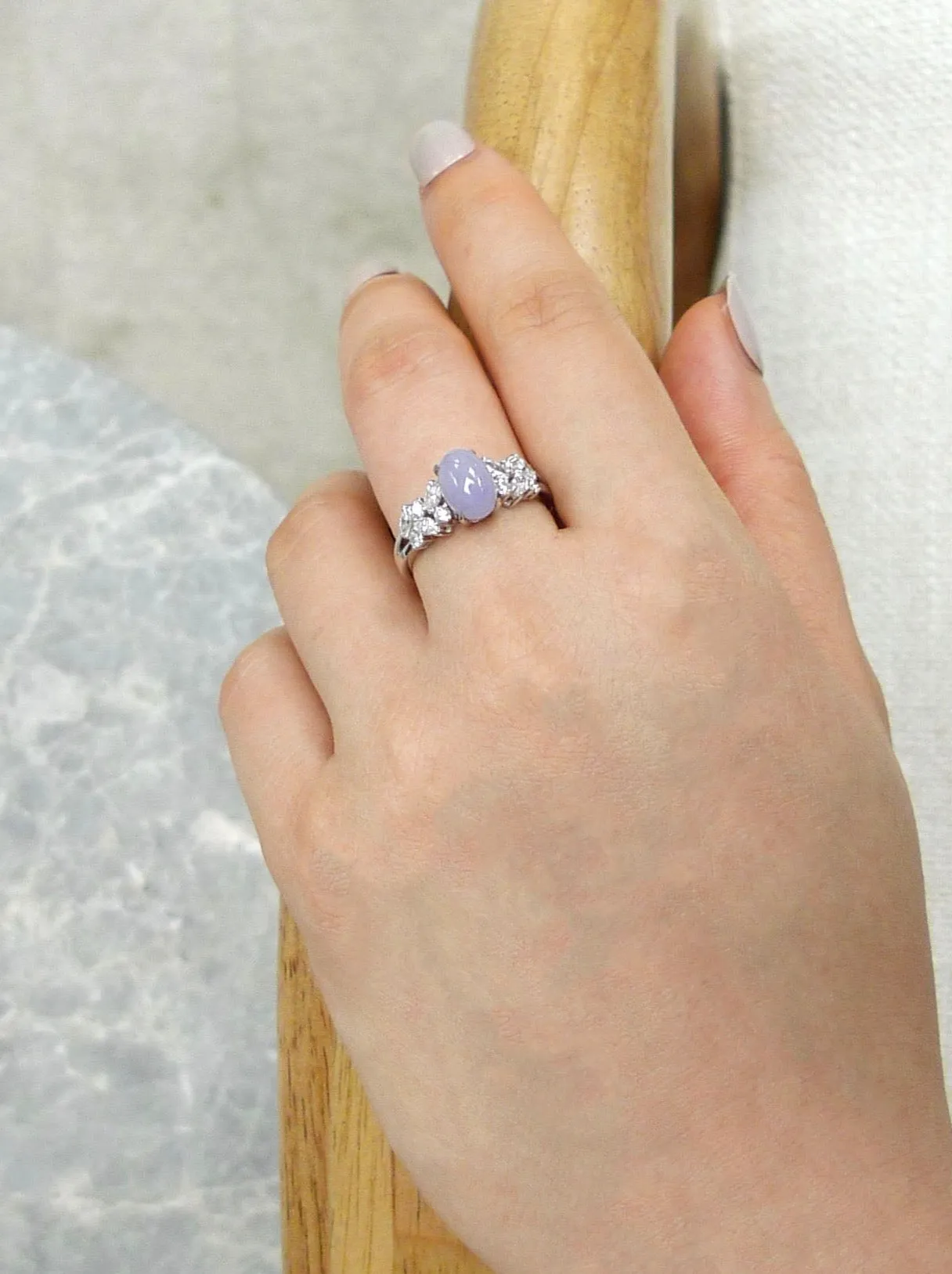 Certified Oval Cut Purple Natural Jade and Diamond Ring in White Gold
