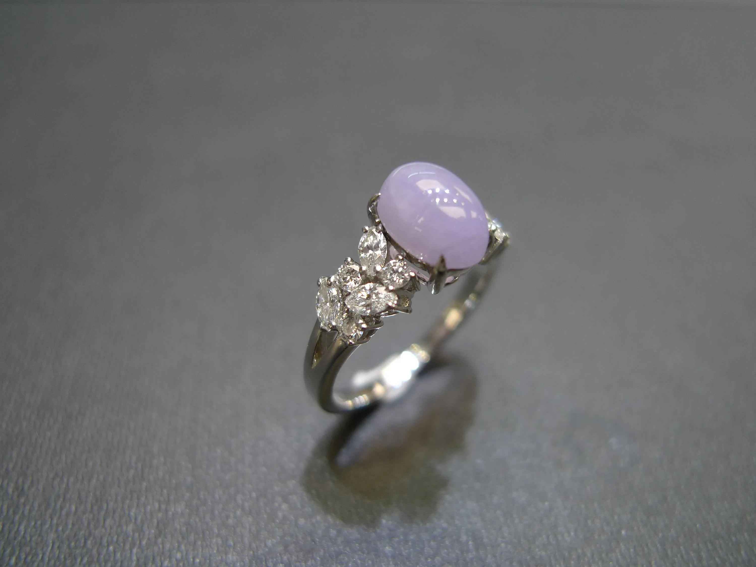 Certified Oval Cut Purple Natural Jade and Diamond Ring in White Gold