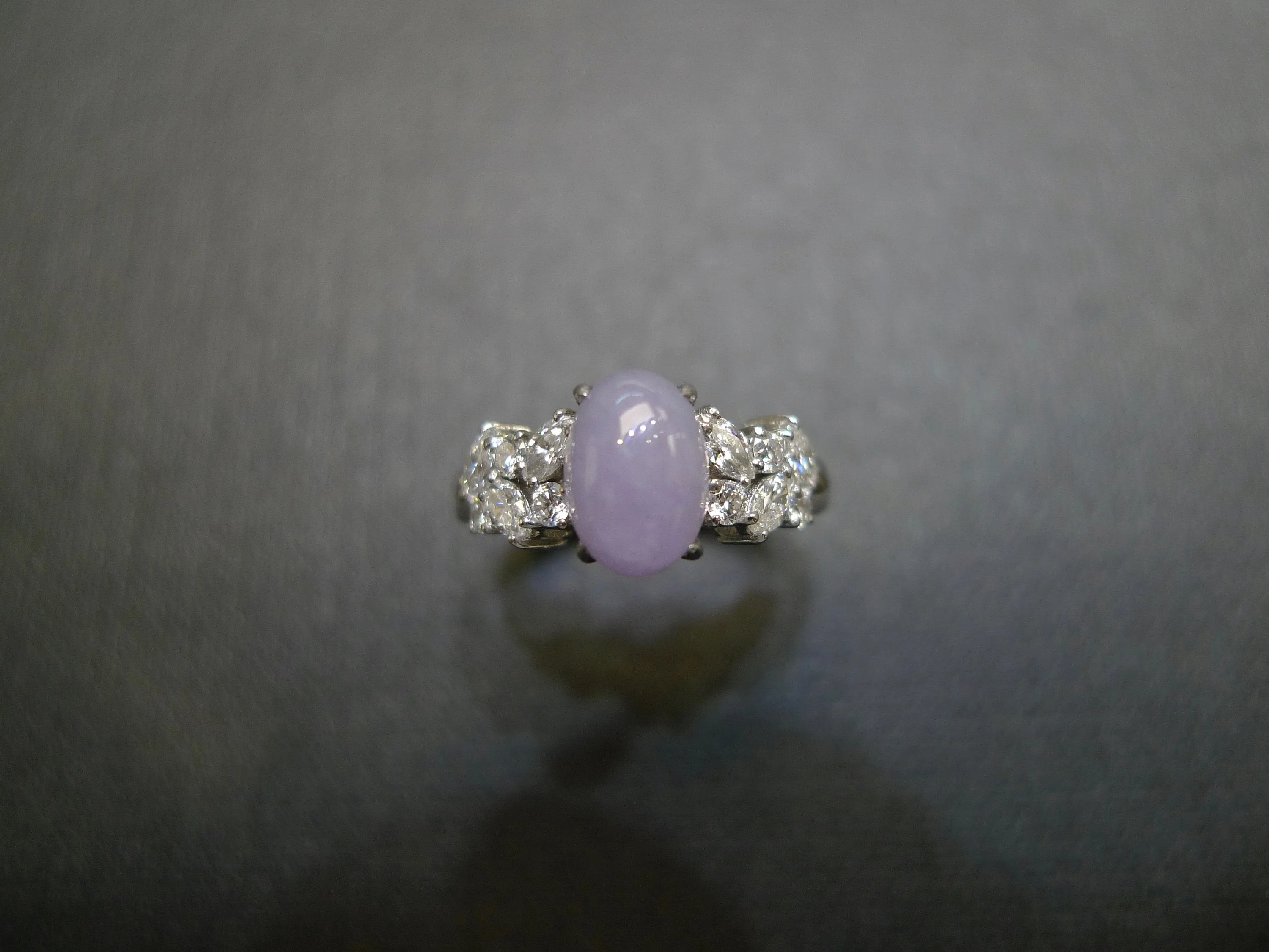 Certified Oval Cut Purple Natural Jade and Diamond Ring in White Gold
