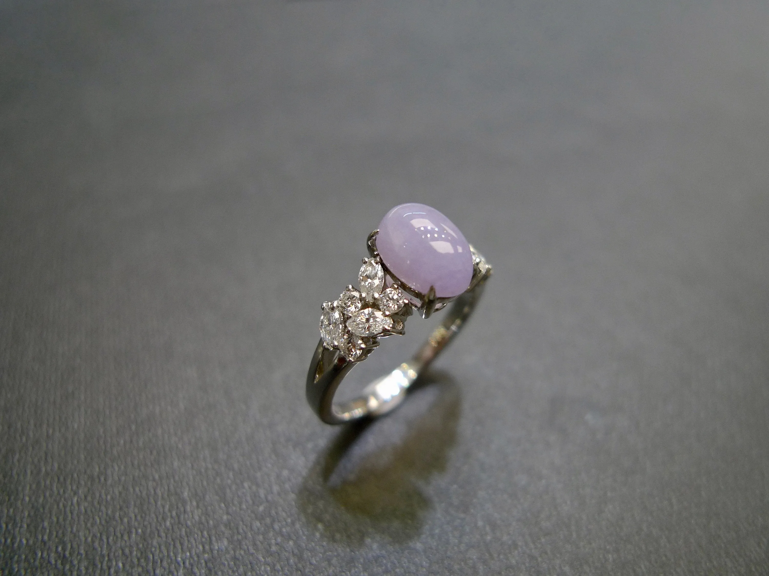 Certified Oval Cut Purple Natural Jade and Diamond Ring in White Gold