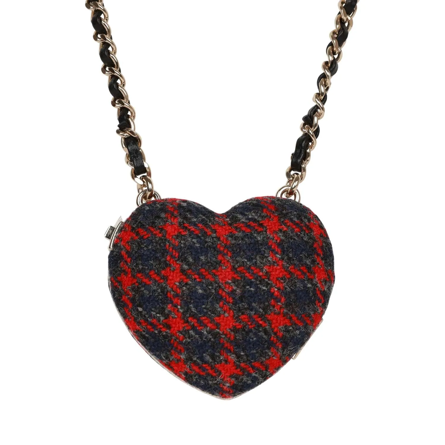 Chanel Red and Blue Plaid Heart Necklace Locket Light Gold Hardware