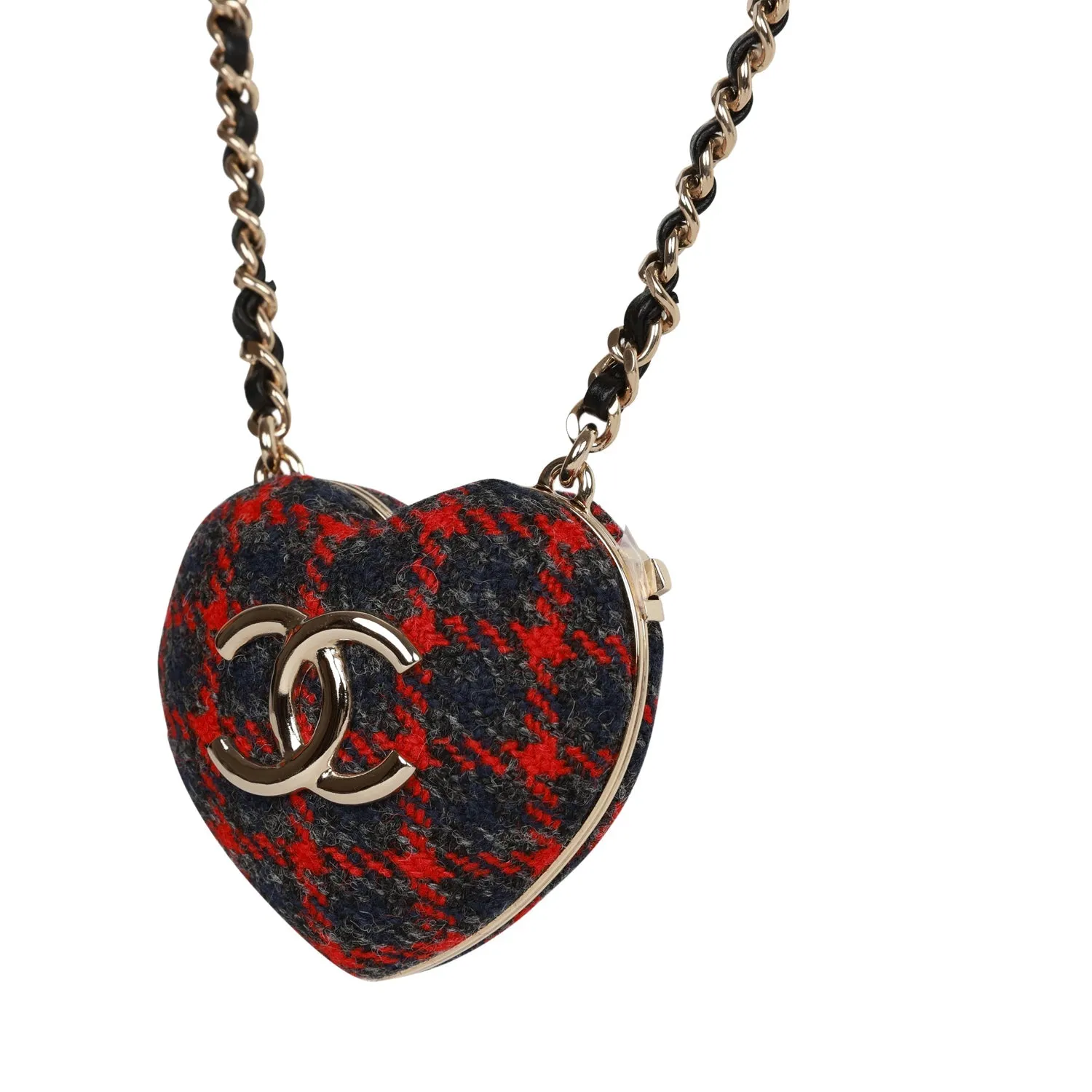 Chanel Red and Blue Plaid Heart Necklace Locket Light Gold Hardware