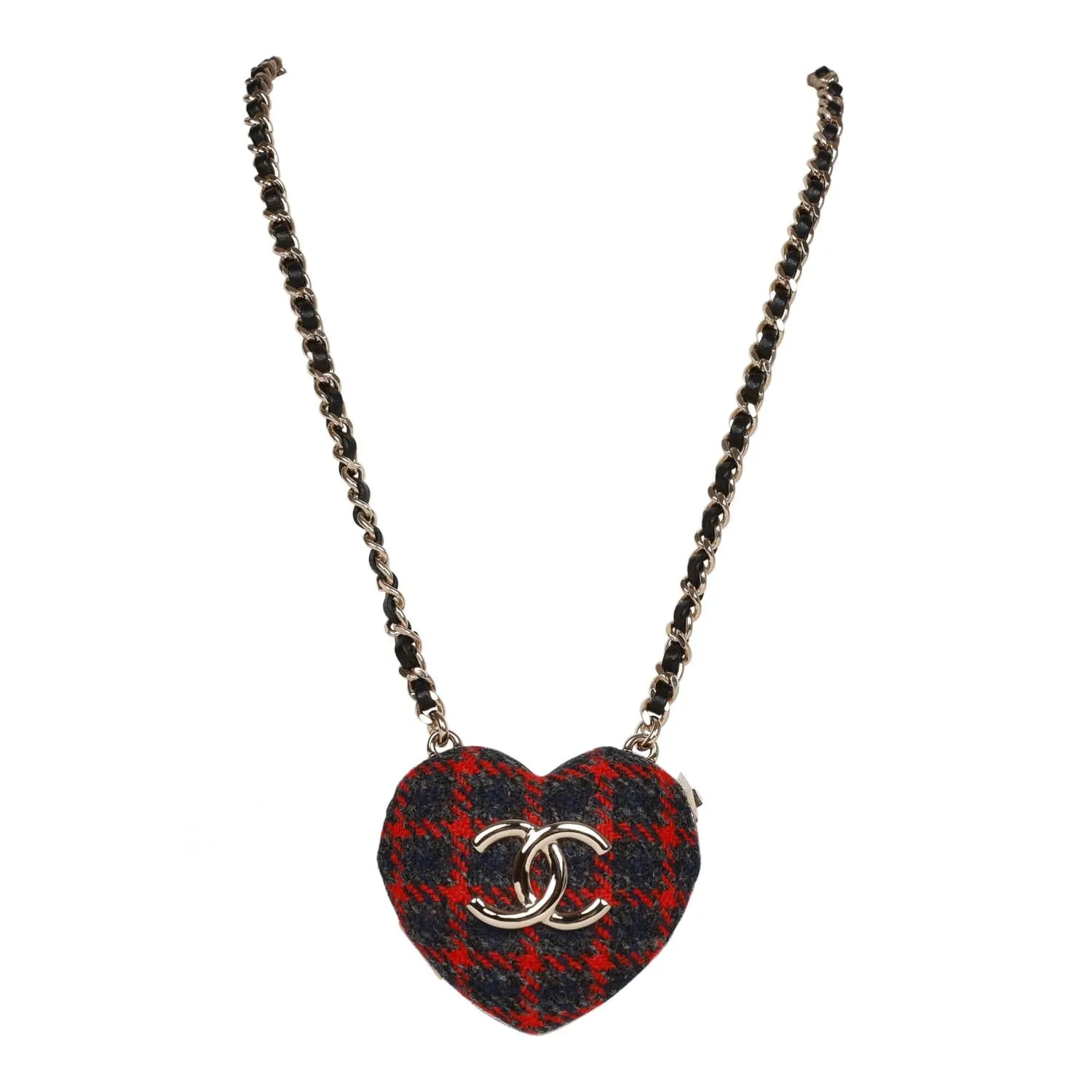 Chanel Red and Blue Plaid Heart Necklace Locket Light Gold Hardware