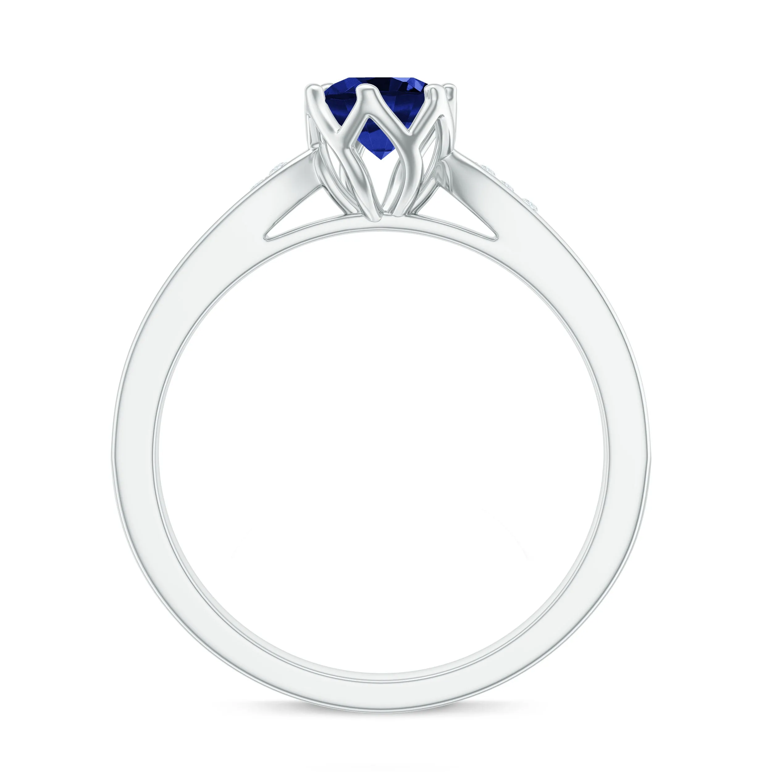 Created Blue Sapphire Solitaire Ring in Decorative Set with Diamond