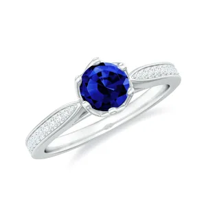 Created Blue Sapphire Solitaire Ring in Decorative Set with Diamond