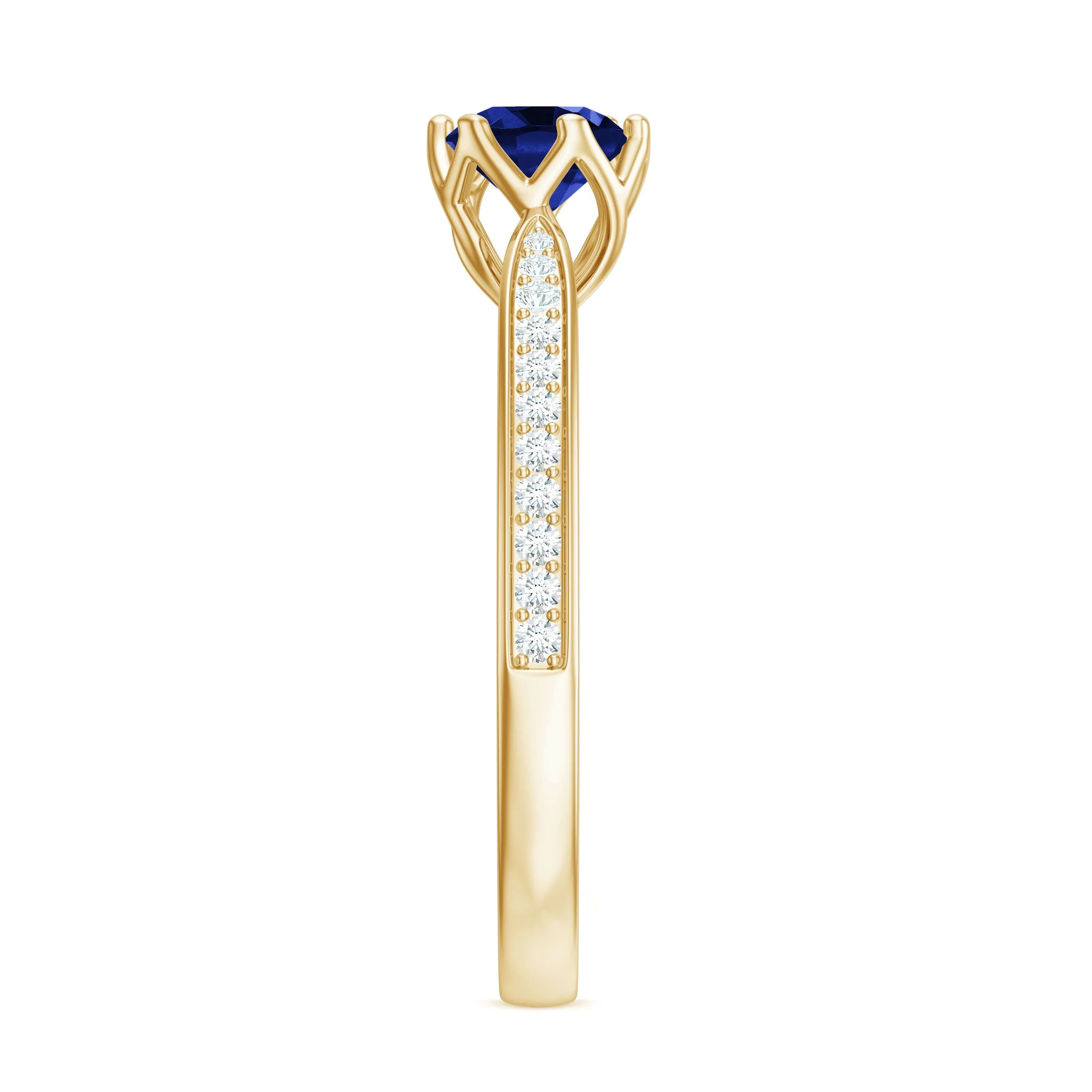 Created Blue Sapphire Solitaire Ring in Decorative Set with Diamond