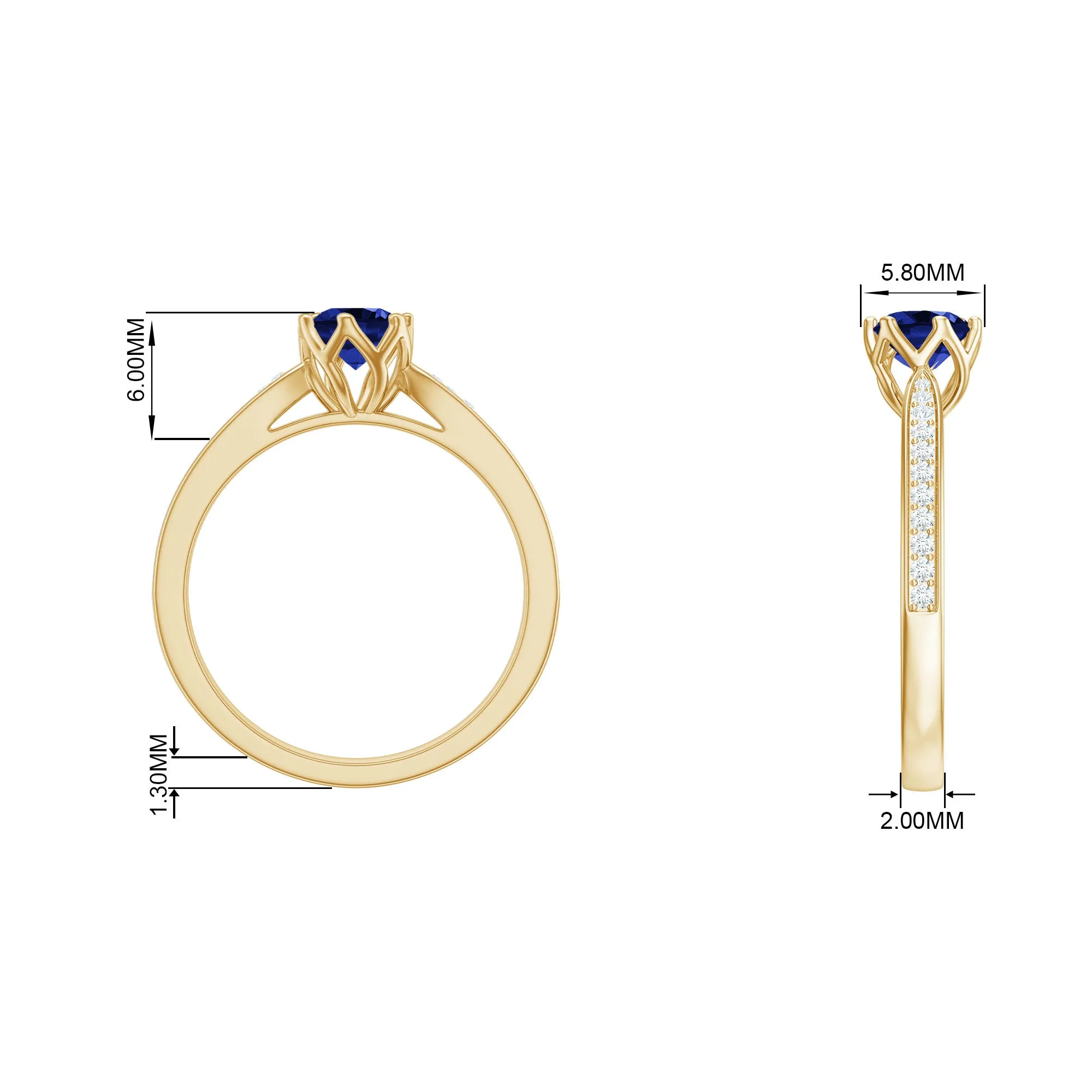 Created Blue Sapphire Solitaire Ring in Decorative Set with Diamond