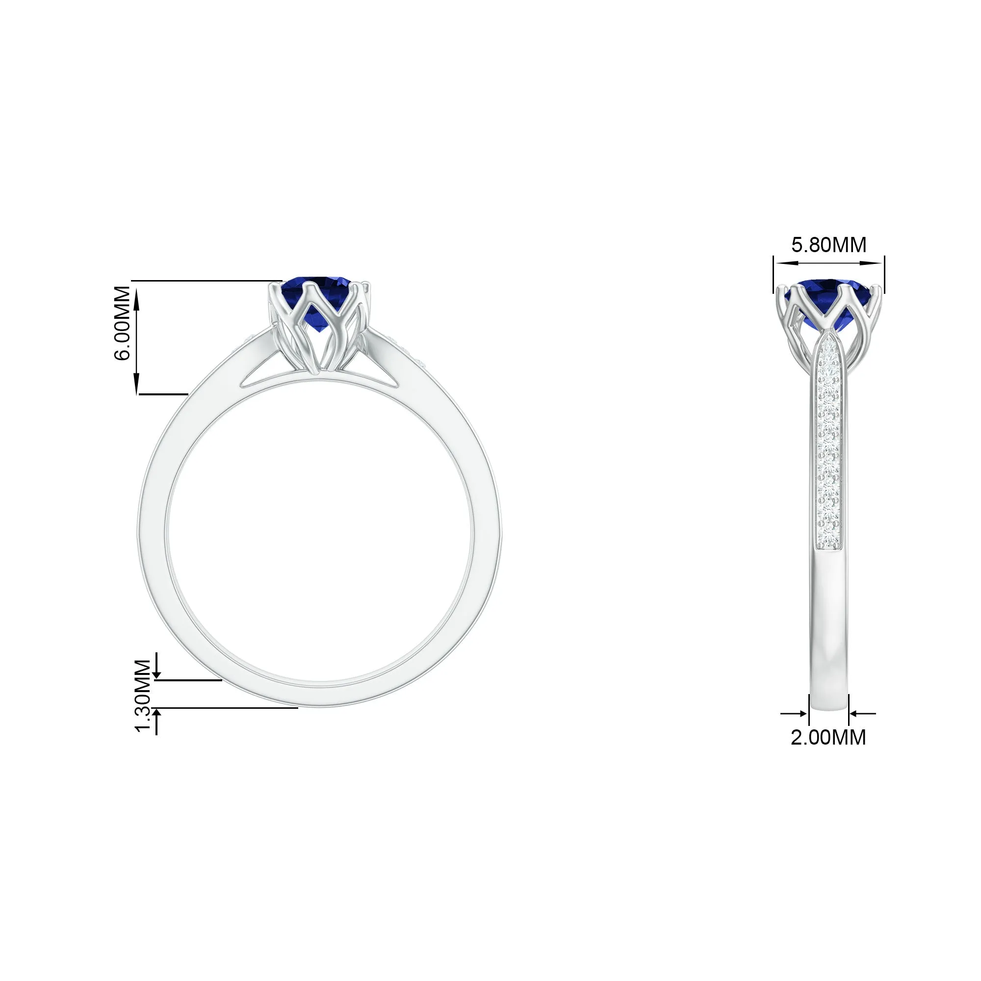 Created Blue Sapphire Solitaire Ring in Decorative Set with Diamond