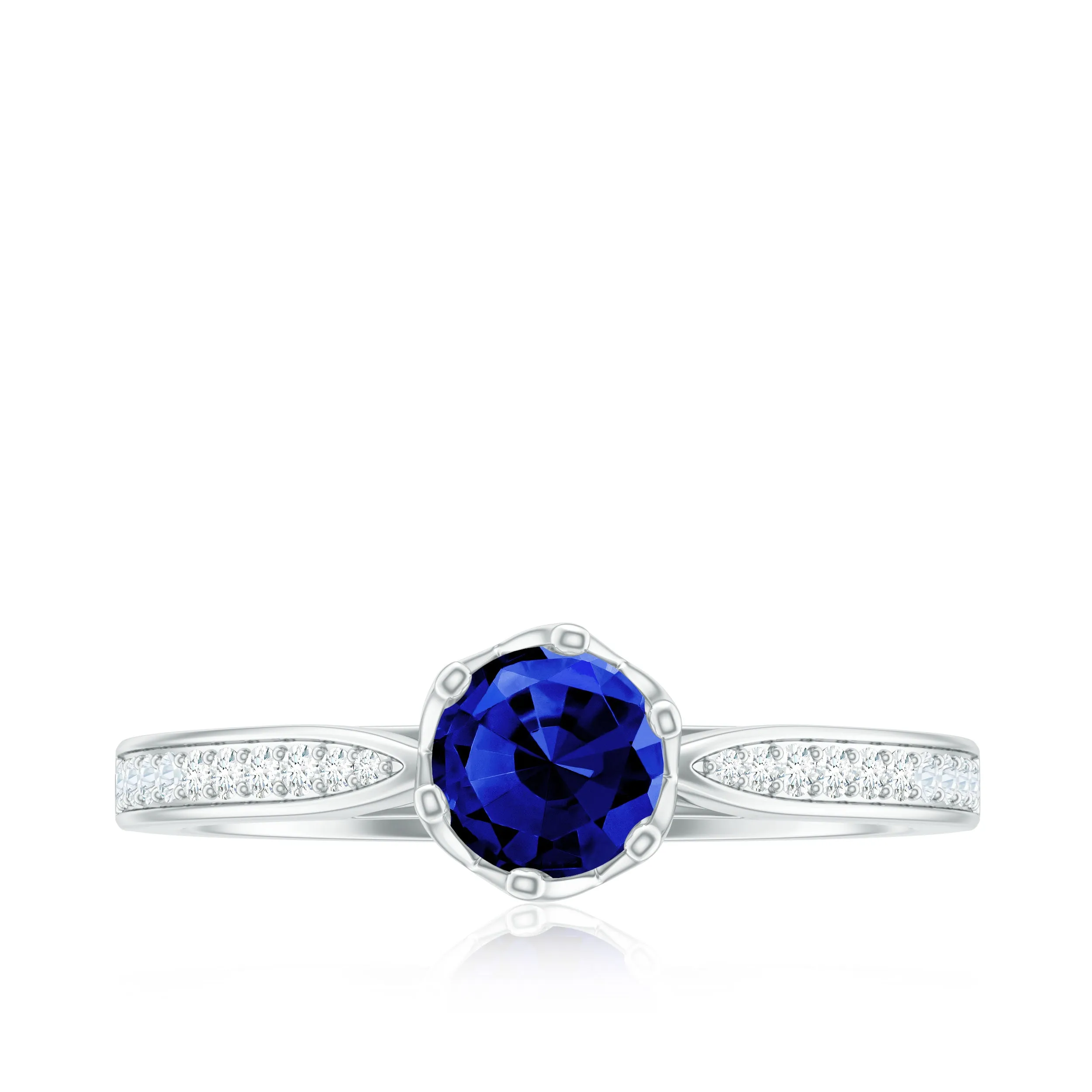 Created Blue Sapphire Solitaire Ring in Decorative Set with Diamond