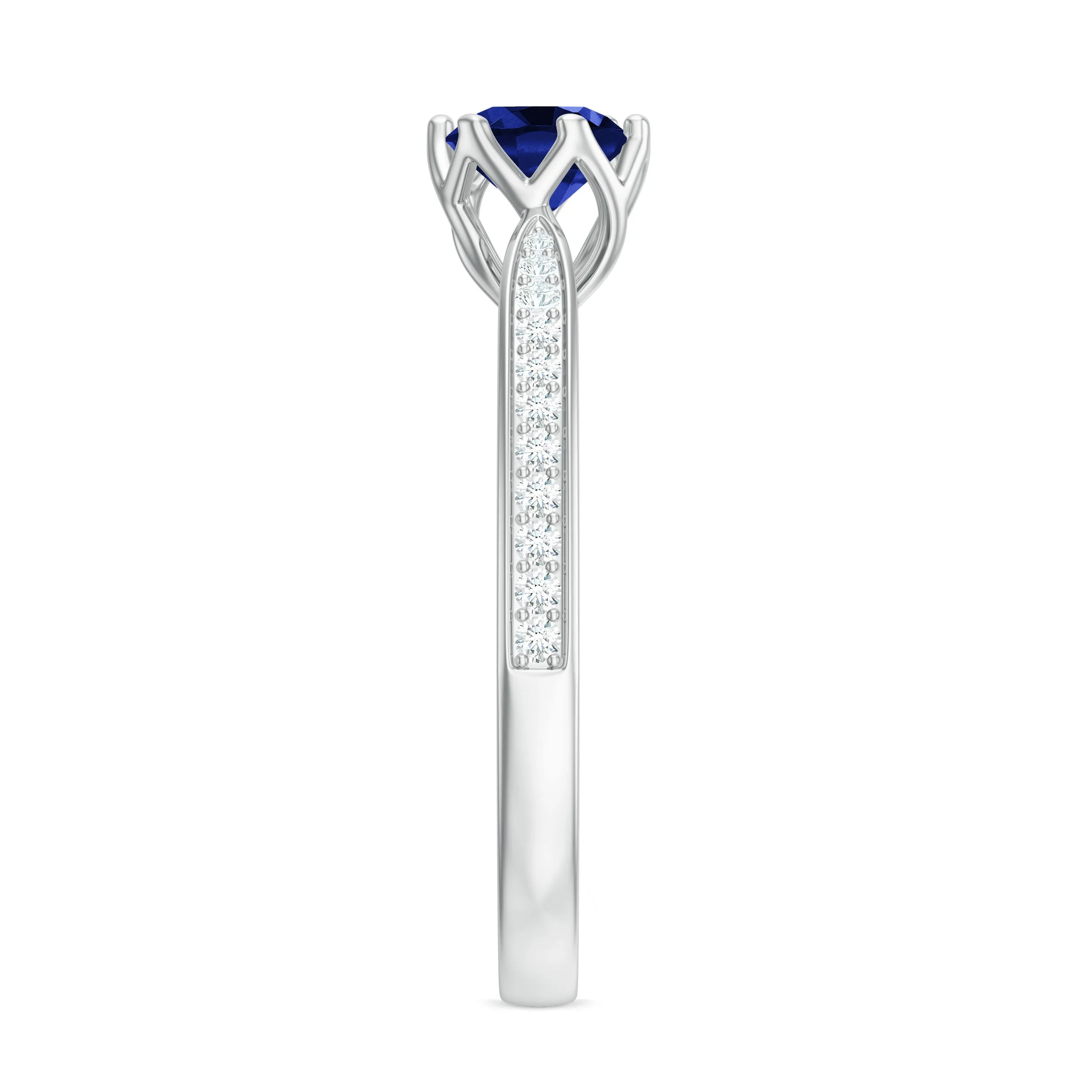 Created Blue Sapphire Solitaire Ring in Decorative Set with Diamond