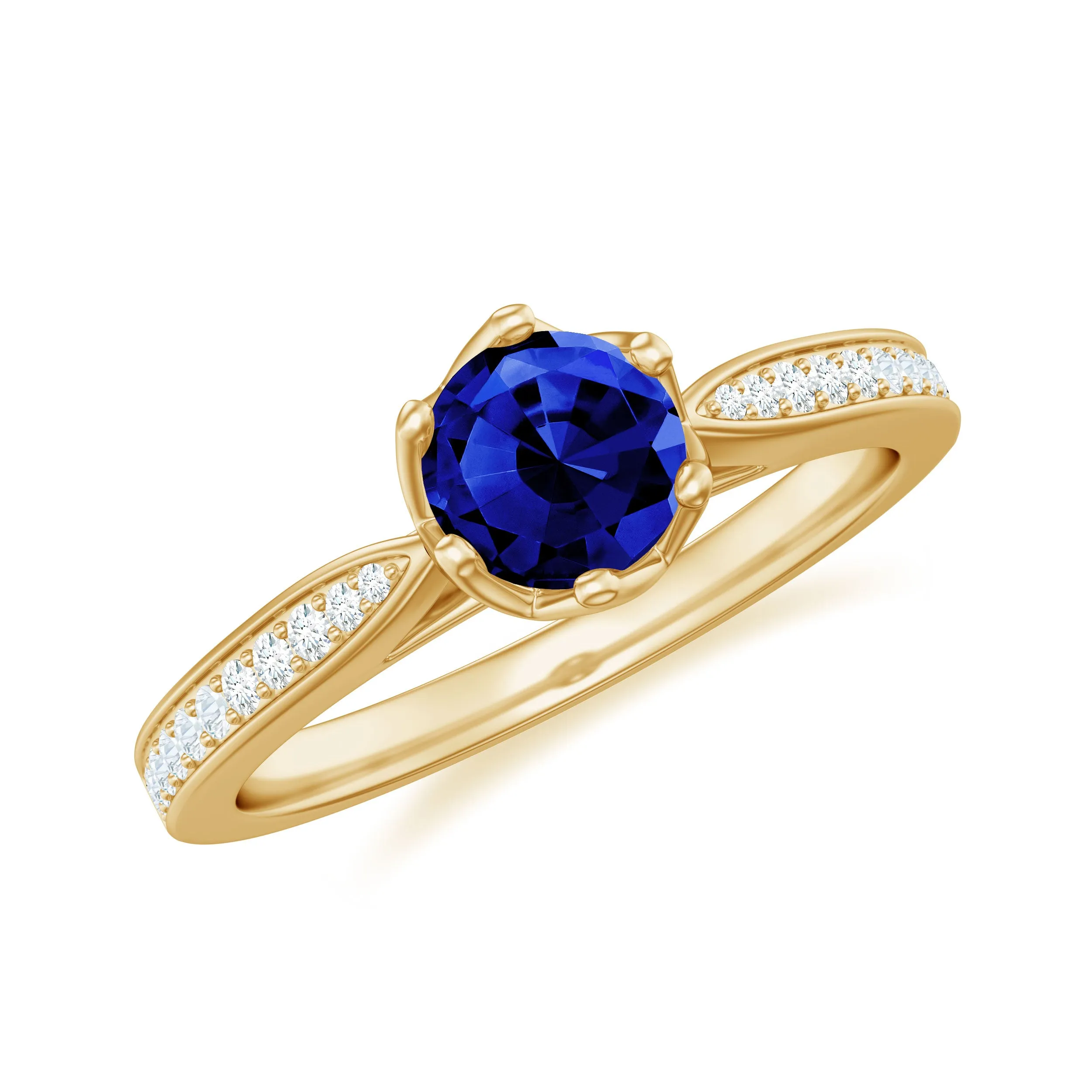 Created Blue Sapphire Solitaire Ring in Decorative Set with Diamond