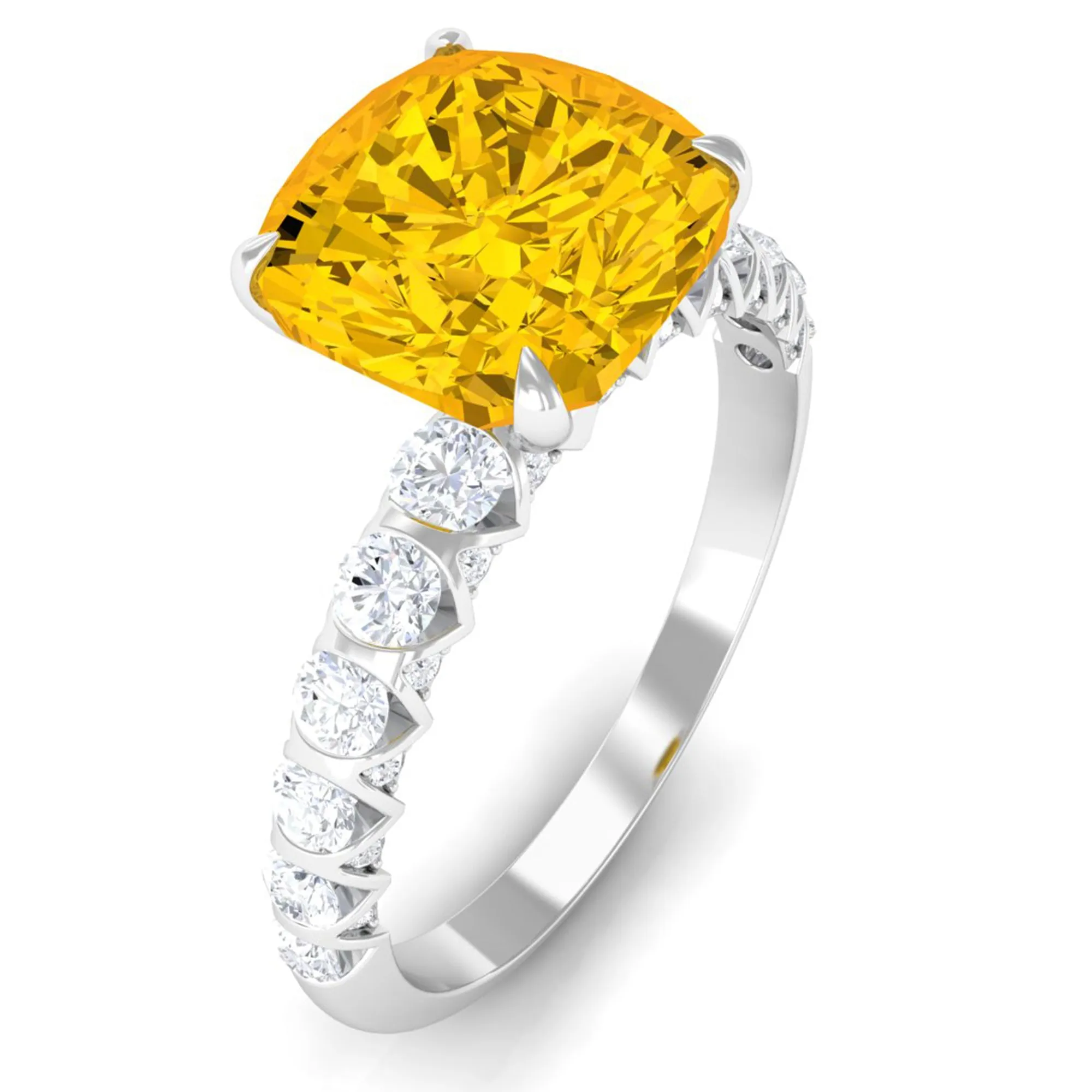 Cushion Cut Created Yellow Sapphire Engagement Ring with Diamond