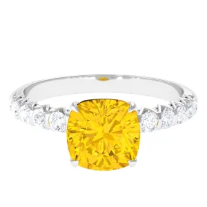 Cushion Cut Created Yellow Sapphire Engagement Ring with Diamond