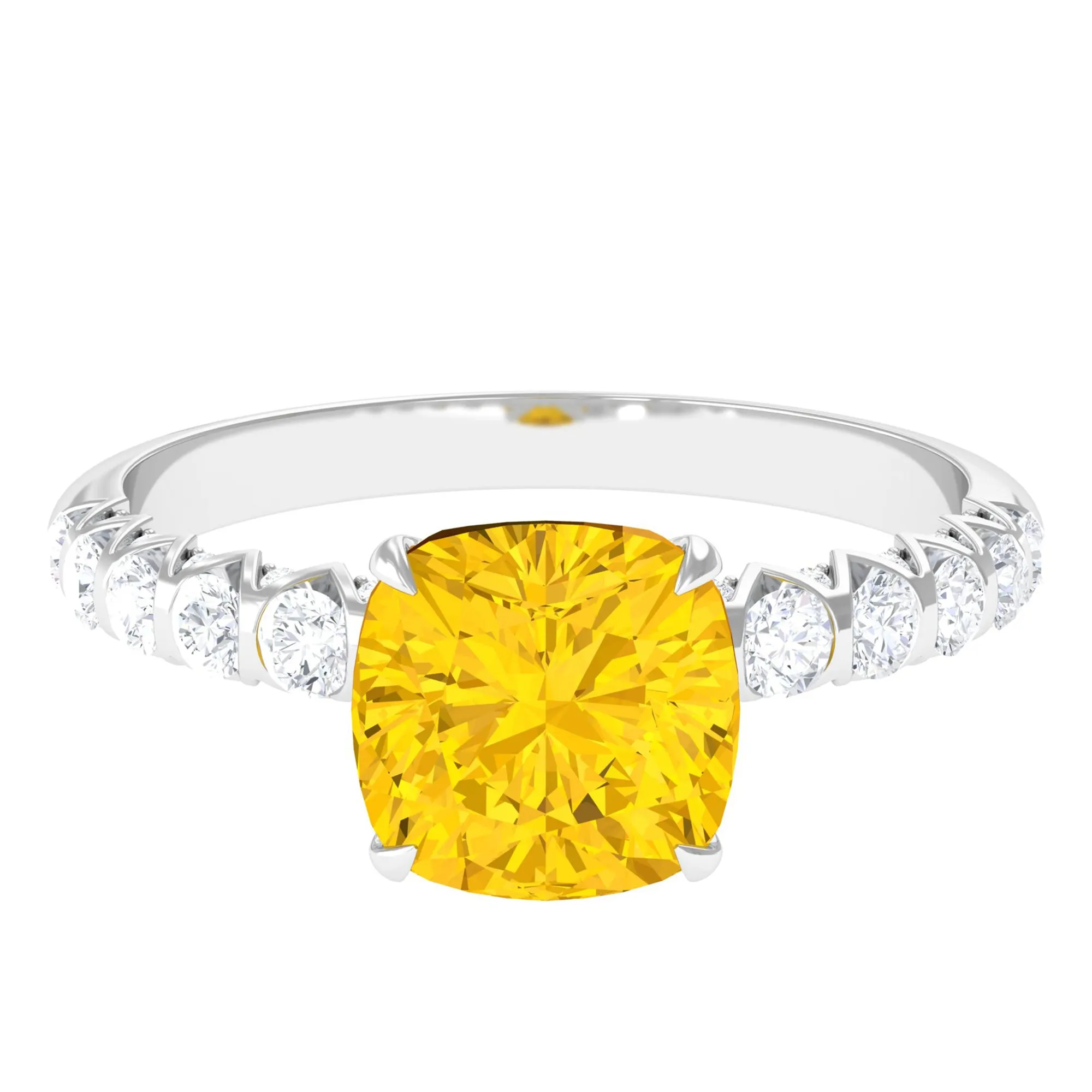 Cushion Cut Created Yellow Sapphire Engagement Ring with Diamond