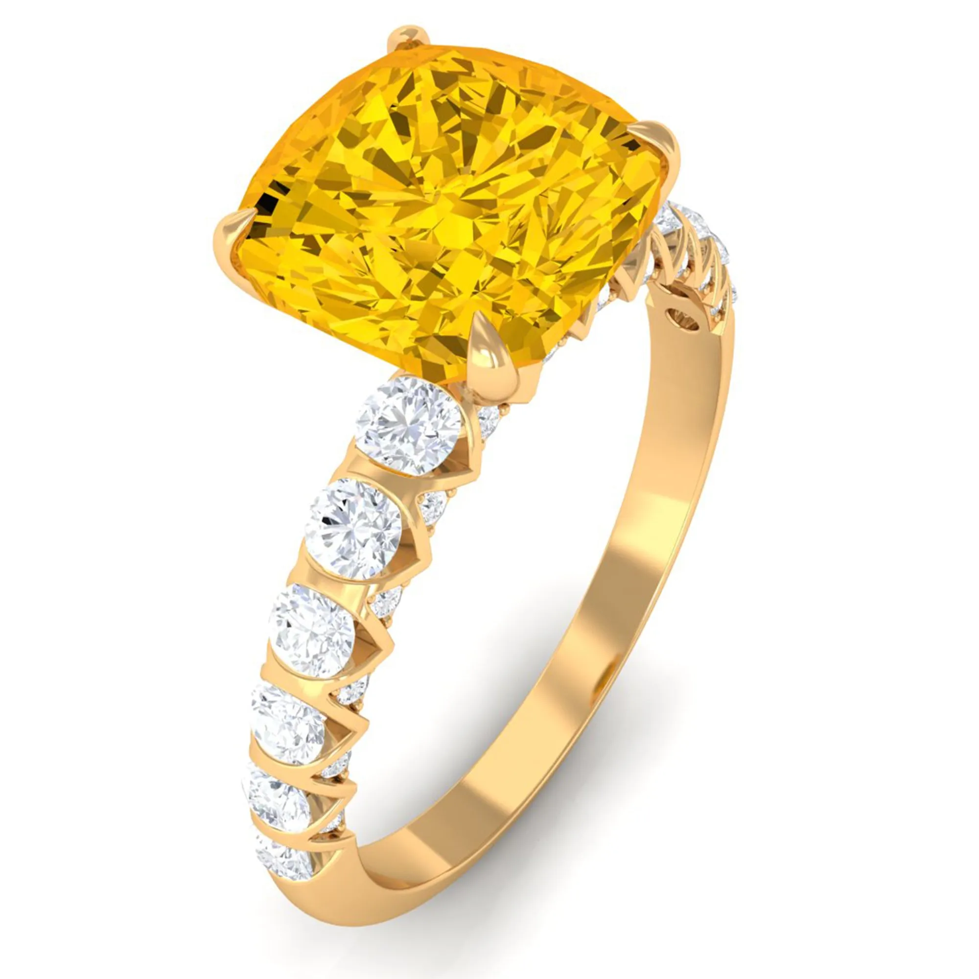Cushion Cut Created Yellow Sapphire Engagement Ring with Diamond