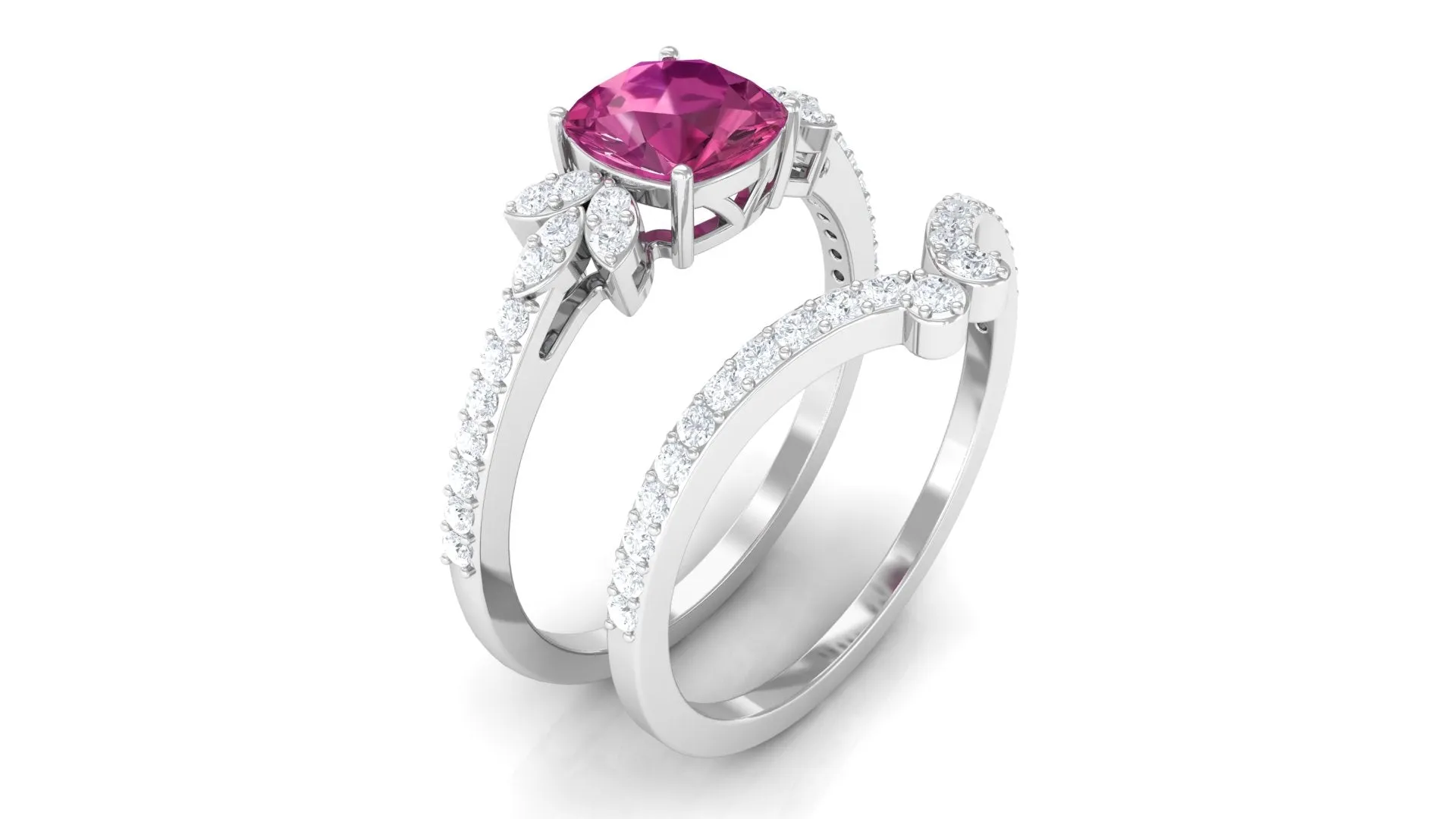 Cushion Cut Pink Tourmaline and Diamond Bridal Ring Set
