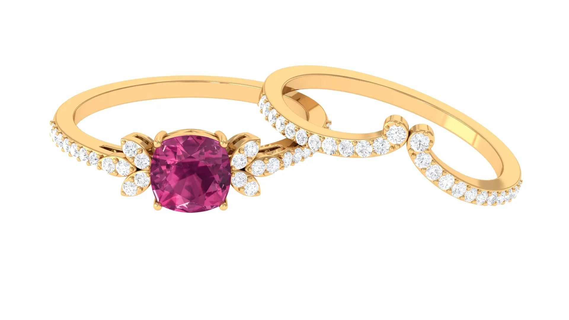 Cushion Cut Pink Tourmaline and Diamond Bridal Ring Set