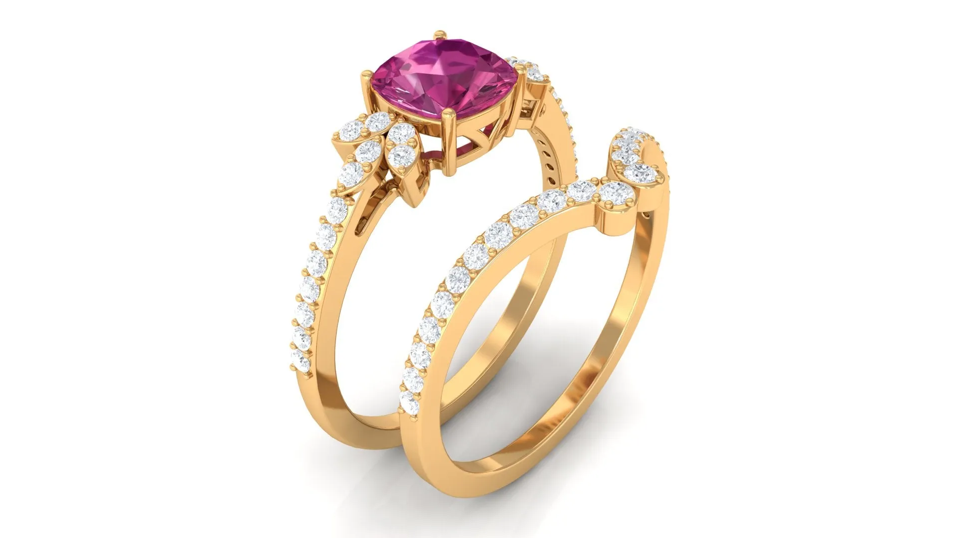 Cushion Cut Pink Tourmaline and Diamond Bridal Ring Set