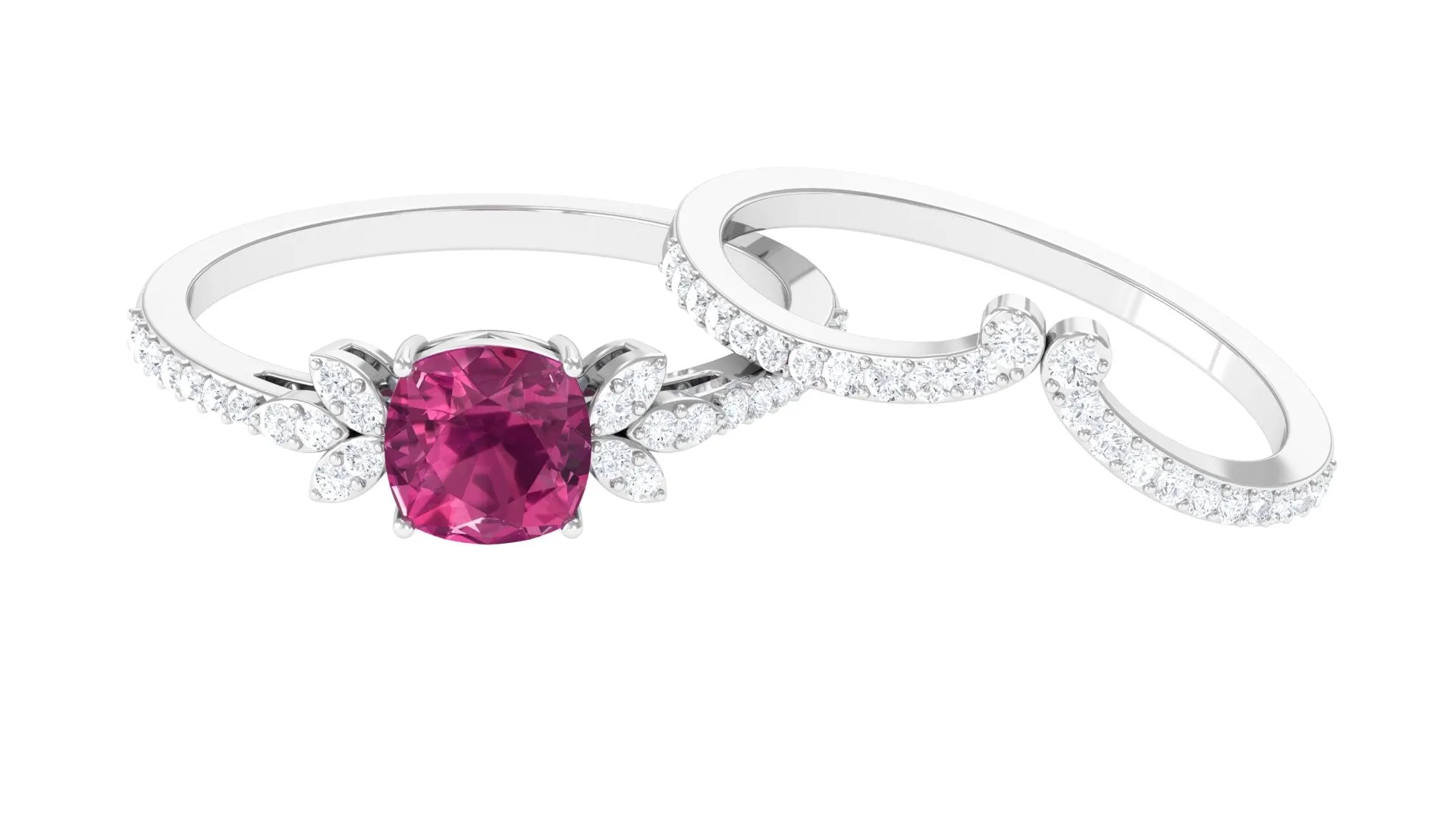 Cushion Cut Pink Tourmaline and Diamond Bridal Ring Set