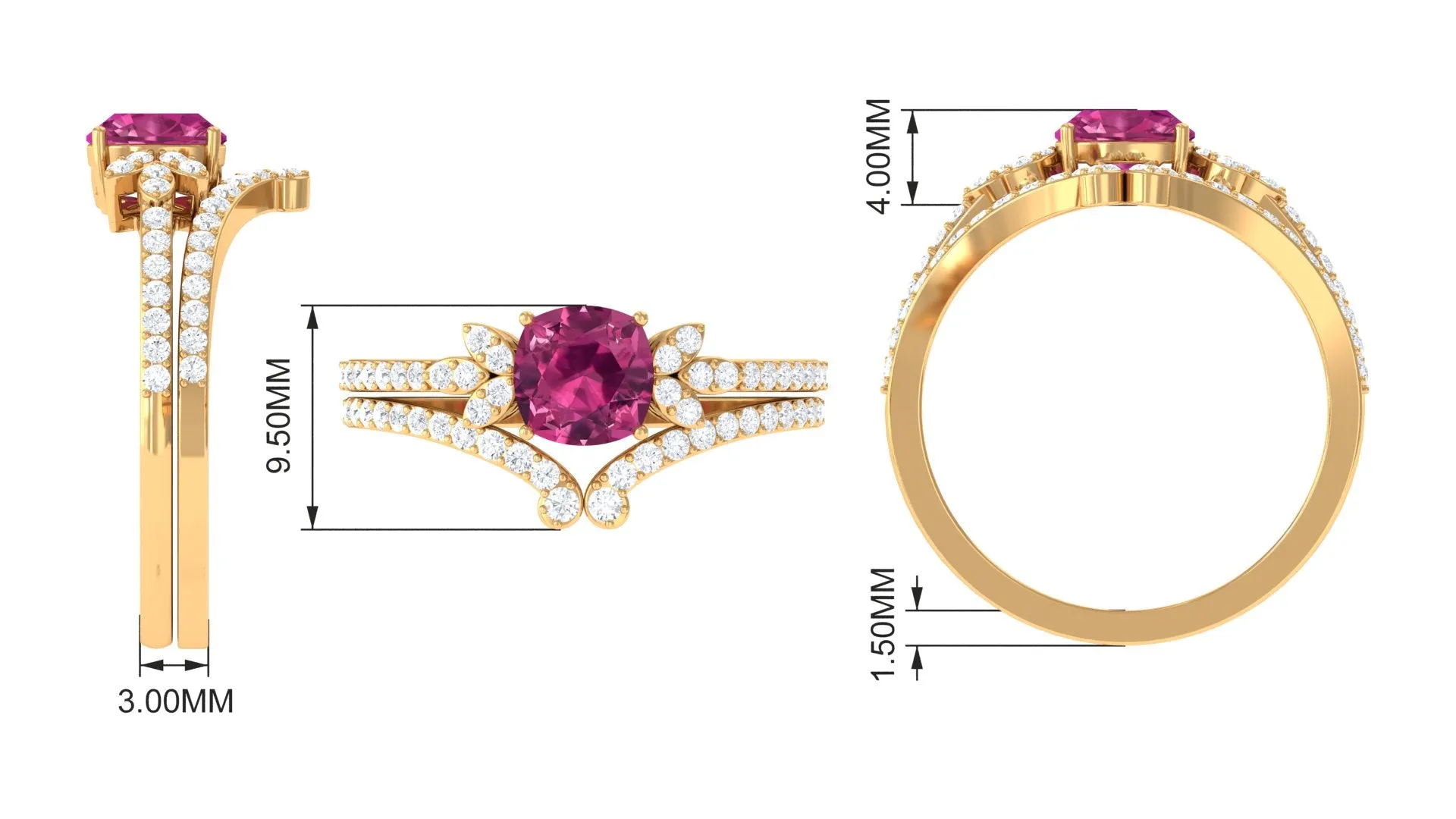 Cushion Cut Pink Tourmaline and Diamond Bridal Ring Set