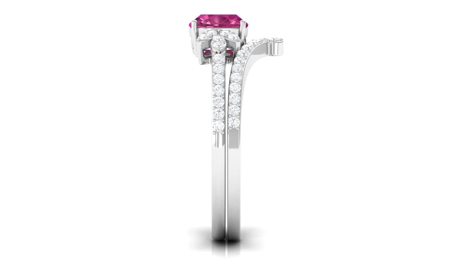 Cushion Cut Pink Tourmaline and Diamond Bridal Ring Set