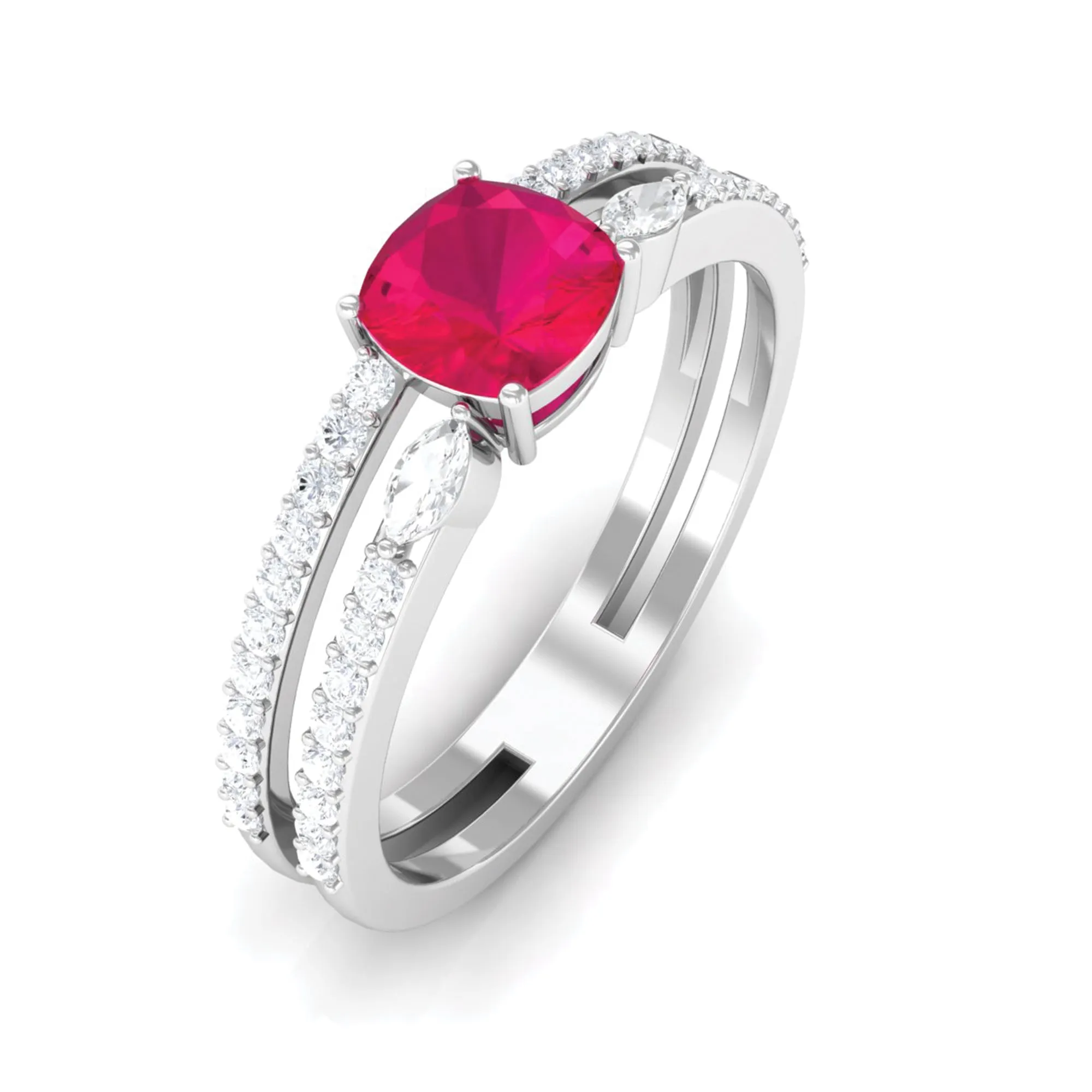 Cushion Cut Ruby Double Band Anniversary Ring with Diamond