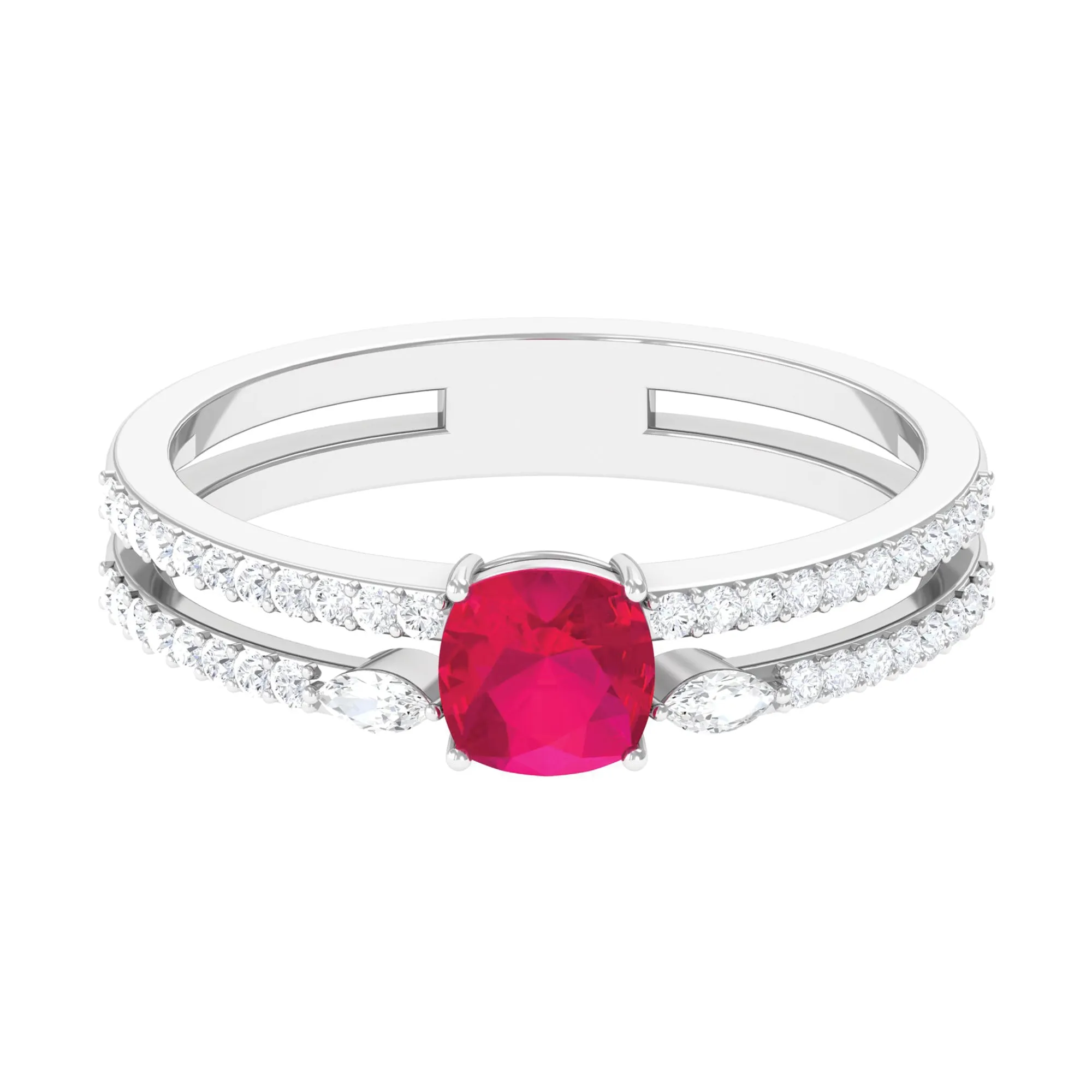 Cushion Cut Ruby Double Band Anniversary Ring with Diamond