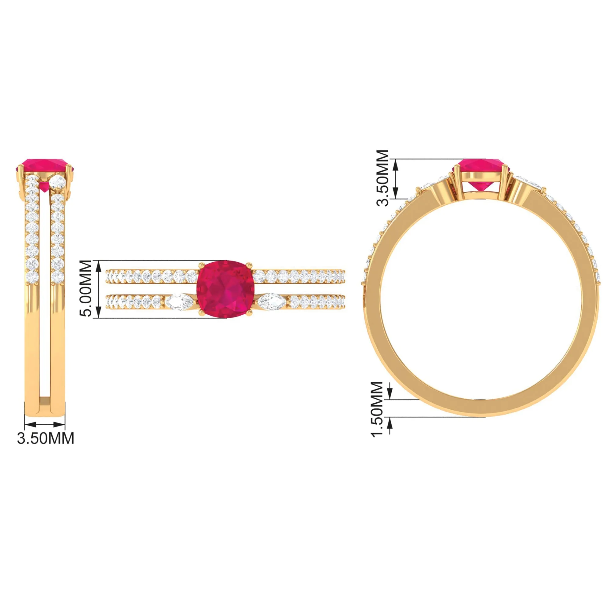Cushion Cut Ruby Double Band Anniversary Ring with Diamond