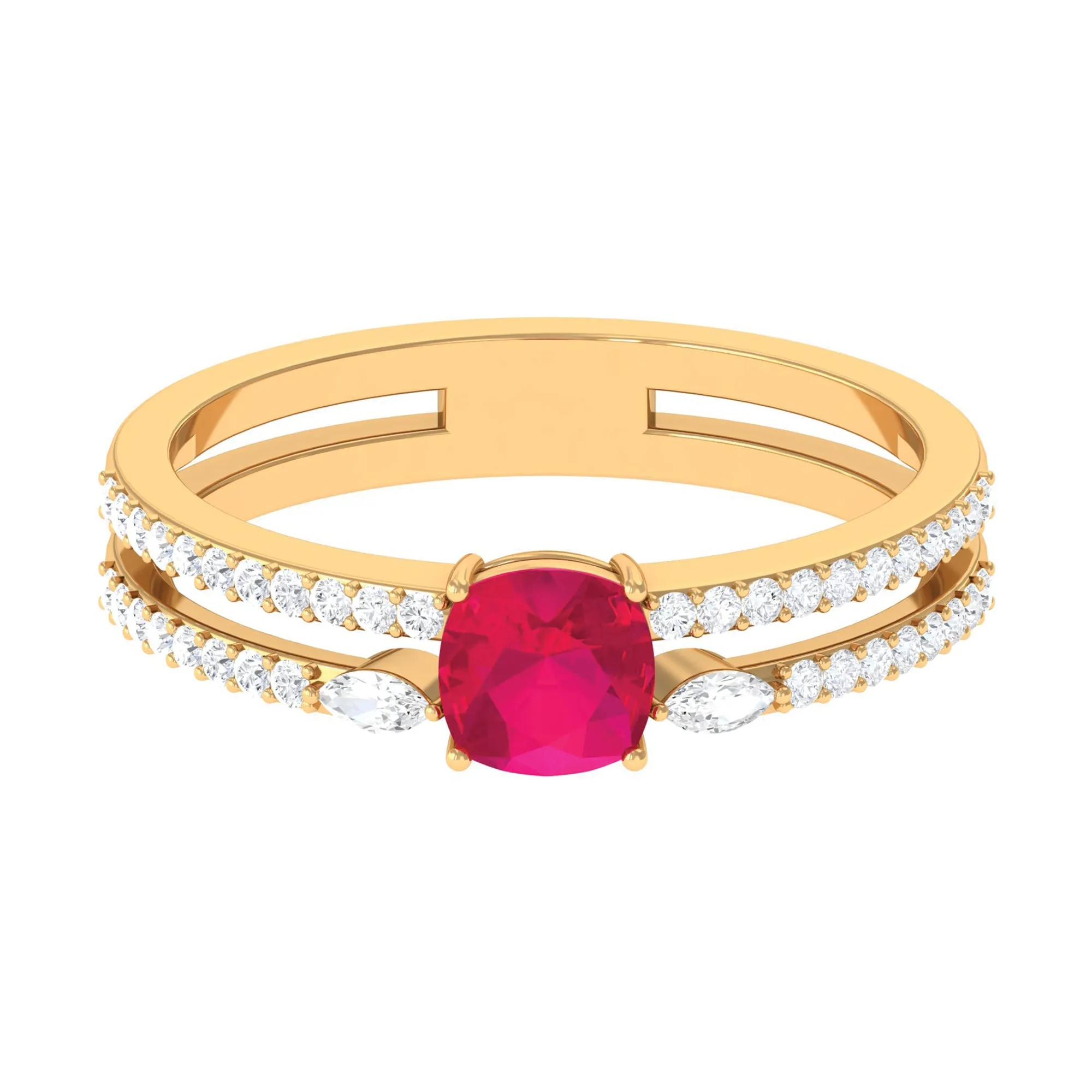 Cushion Cut Ruby Double Band Anniversary Ring with Diamond